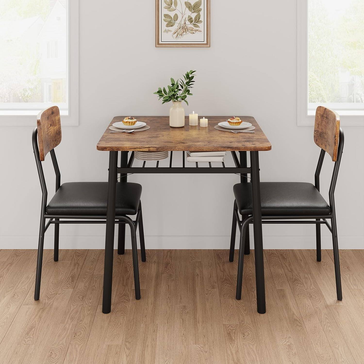 Back. Qeetex - 3-Piece Square Dining Set for 2 with Storage, Metal Frame Table & 2 Upholstered Chairs - Brown.