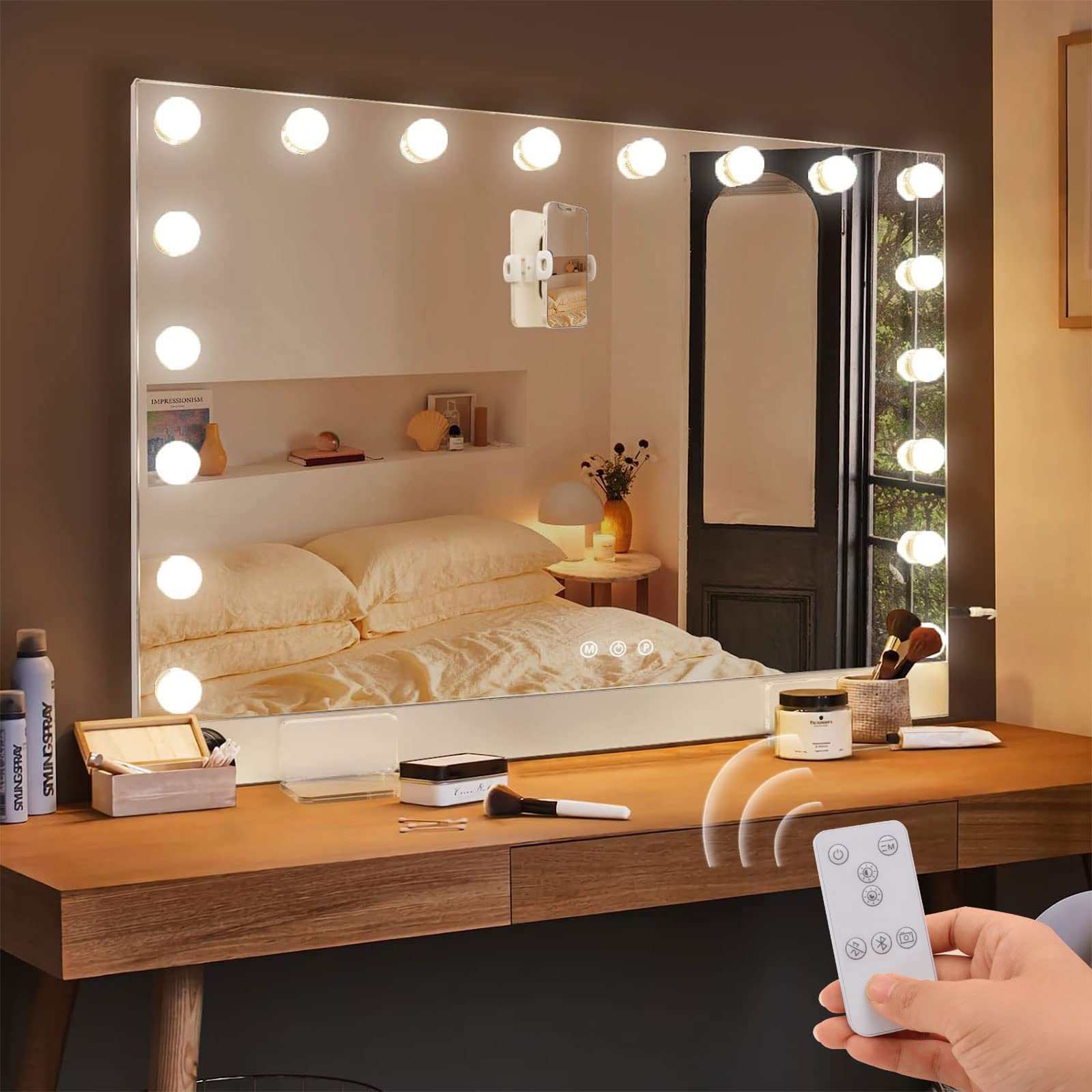 APRILSOUL - 32 inchx24 inch Selfie Remote Control Vanity Mirror with Lights 0.6 inch Ultrathin Large Hollywood Vanity Mirror