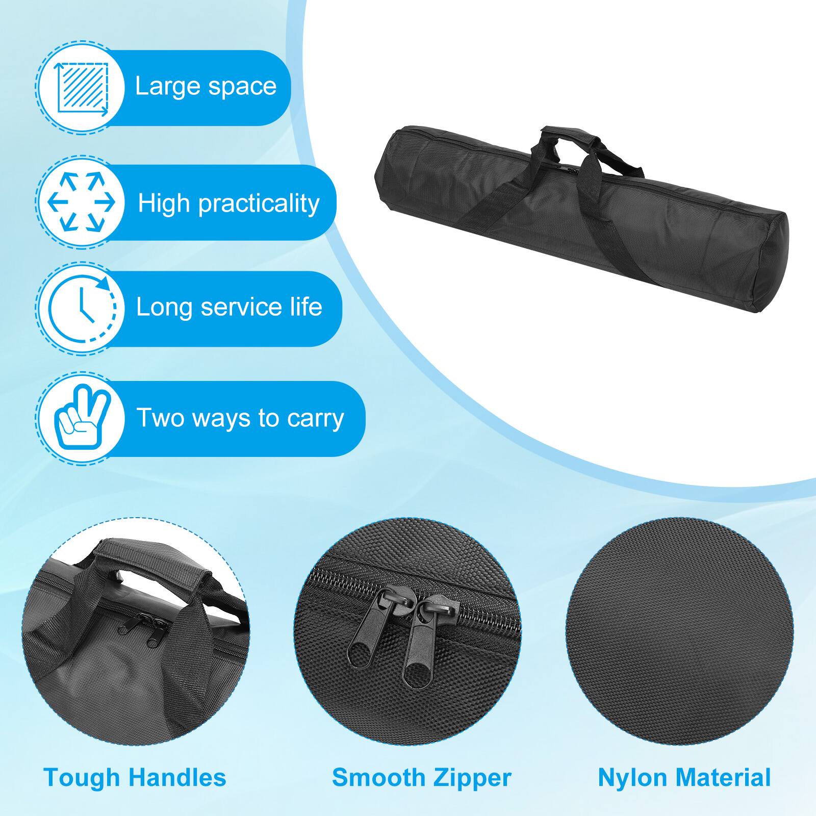 - Large space
- High practicality
- Long service life
- Two ways to carry
- Tough Handles
- Smooth Zipper
- Nylon Material