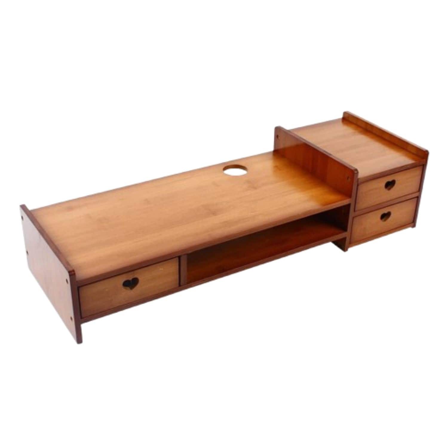 Front. Stock Preferred - Sturdy Bamboo Monitor Stand Riser with Drawers - Natural Wood.