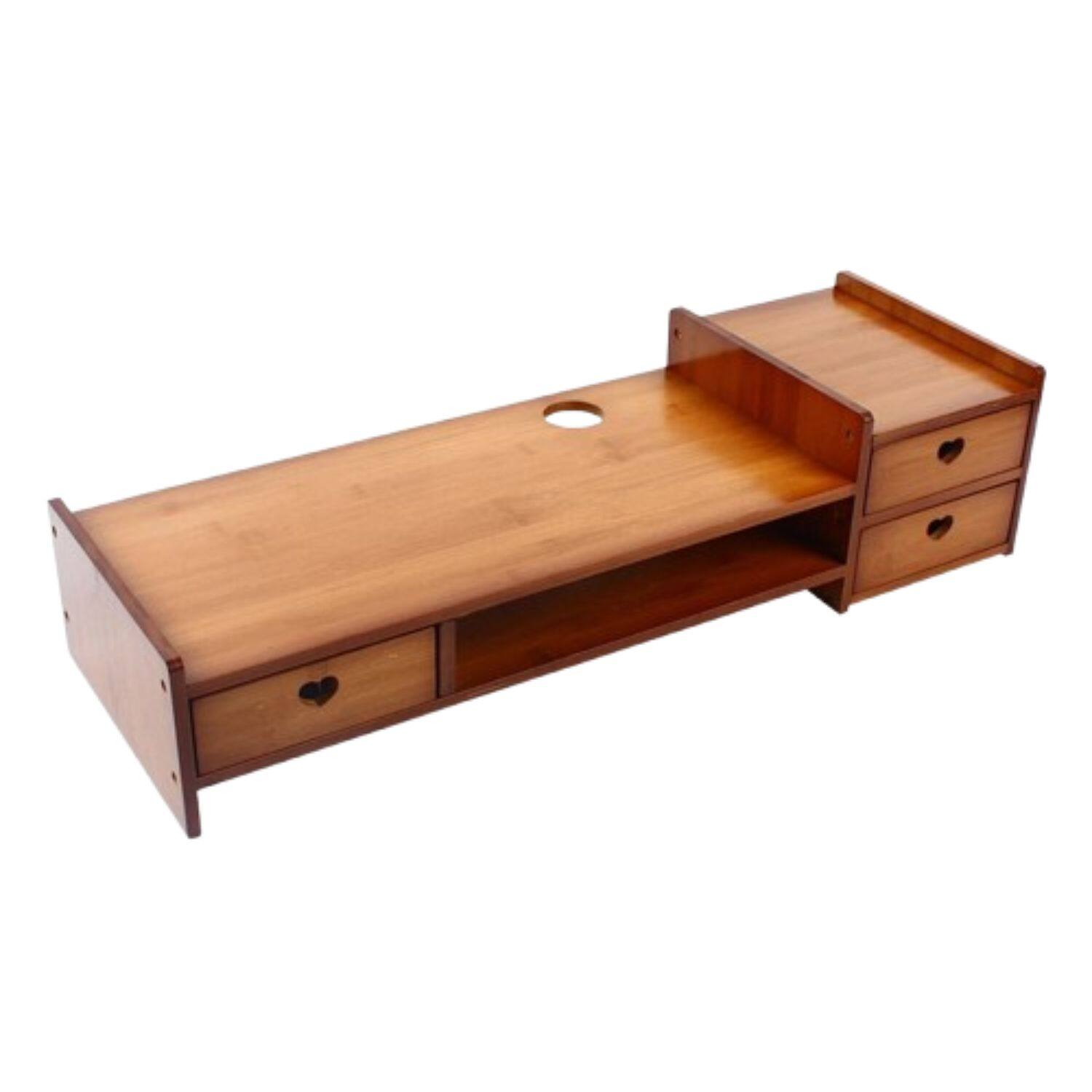 Front. Stock Preferred - Sturdy Bamboo Monitor Stand Riser with Drawers - Natural Wood.