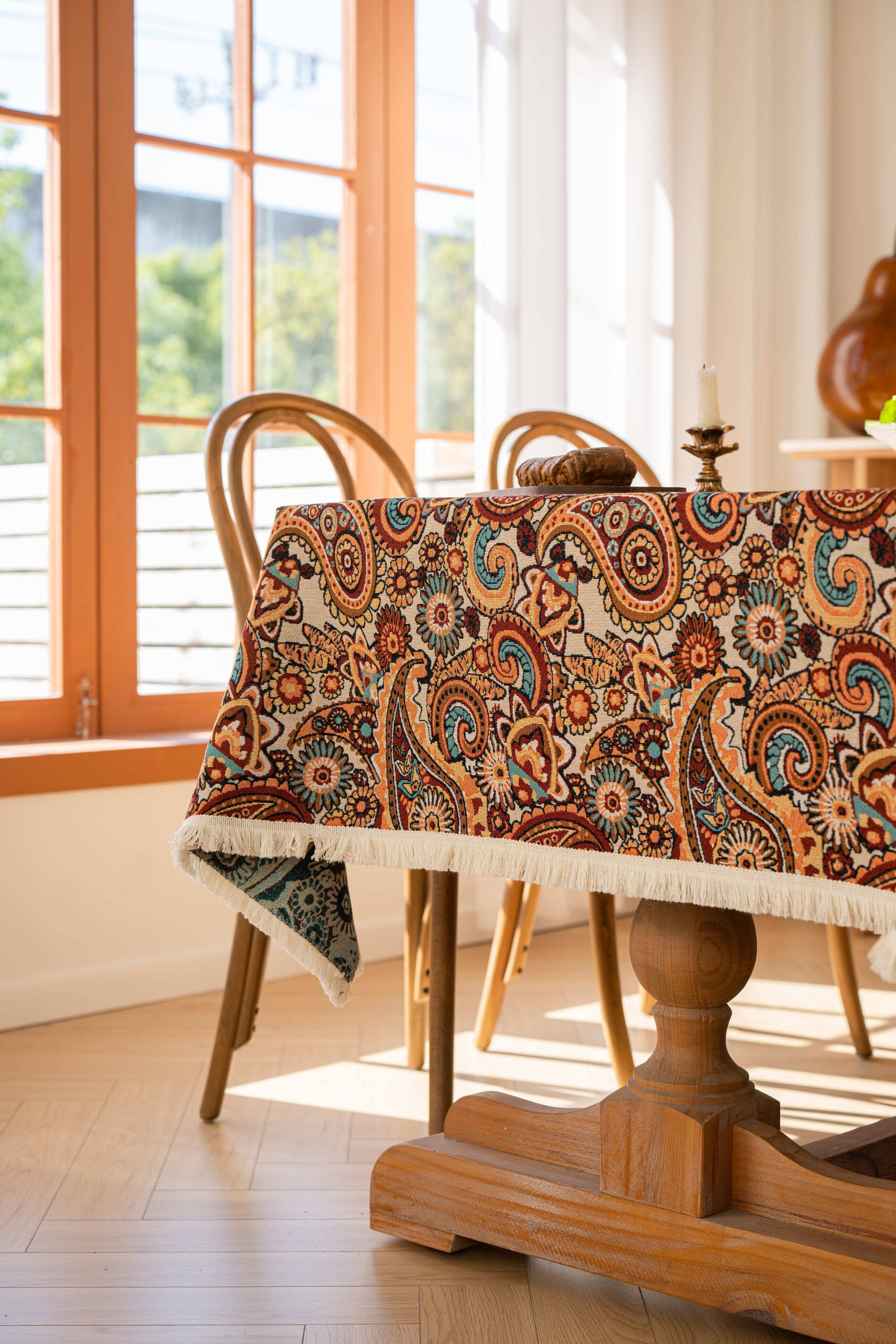 Oumilen 59x118in Rectangle Paisley Tablecloth with Off White Fringe ...