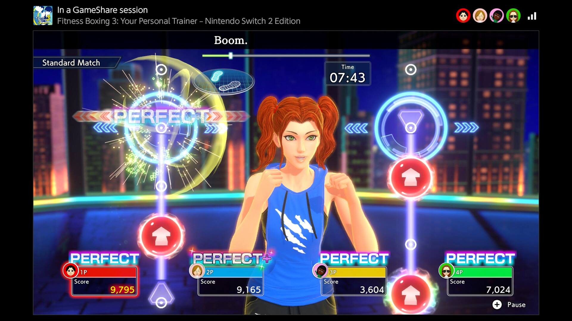 In a GameShare session Fitness Boxing 3: Your Personal Trainer - Nintendo Switch 2 Edition Boom. Standard Match Time 07:43 : PERFECT PERFECT 1P Score 9,795 PERFECT 2P Score 9,165 PERFECT 3P Score 3,604 PERFECT 4P Score 7,024 + Pause