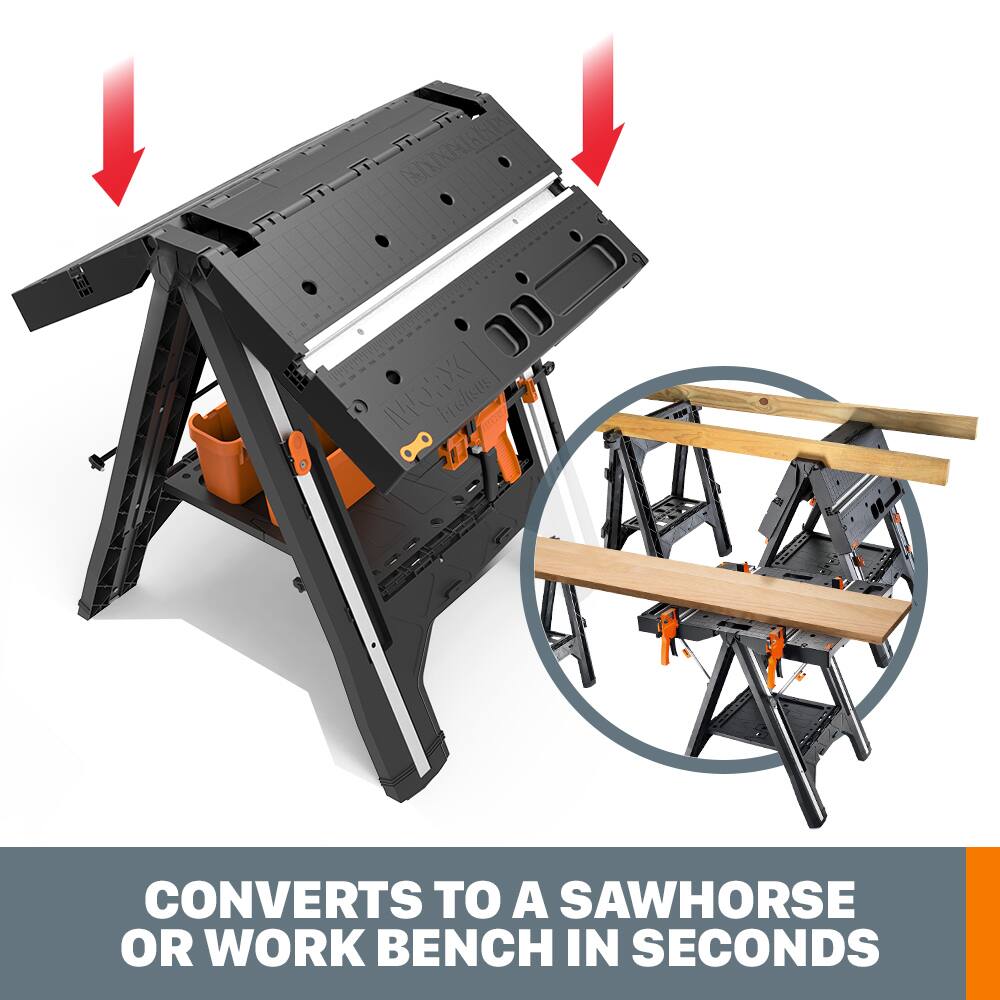 CONVERTS TO A SAWHORSE OR WORK BENCH IN SECONDS