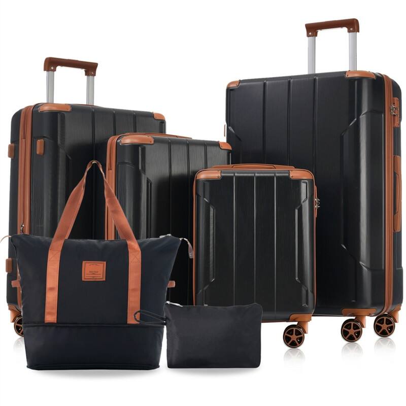 Front. HTUTWOO - Hardshell Luggage Sets 6 Piece Suitcase Set - Expandable Lightweight Suitcases with Dual Wheels, TSA Lock for Men Women - Black Brown.