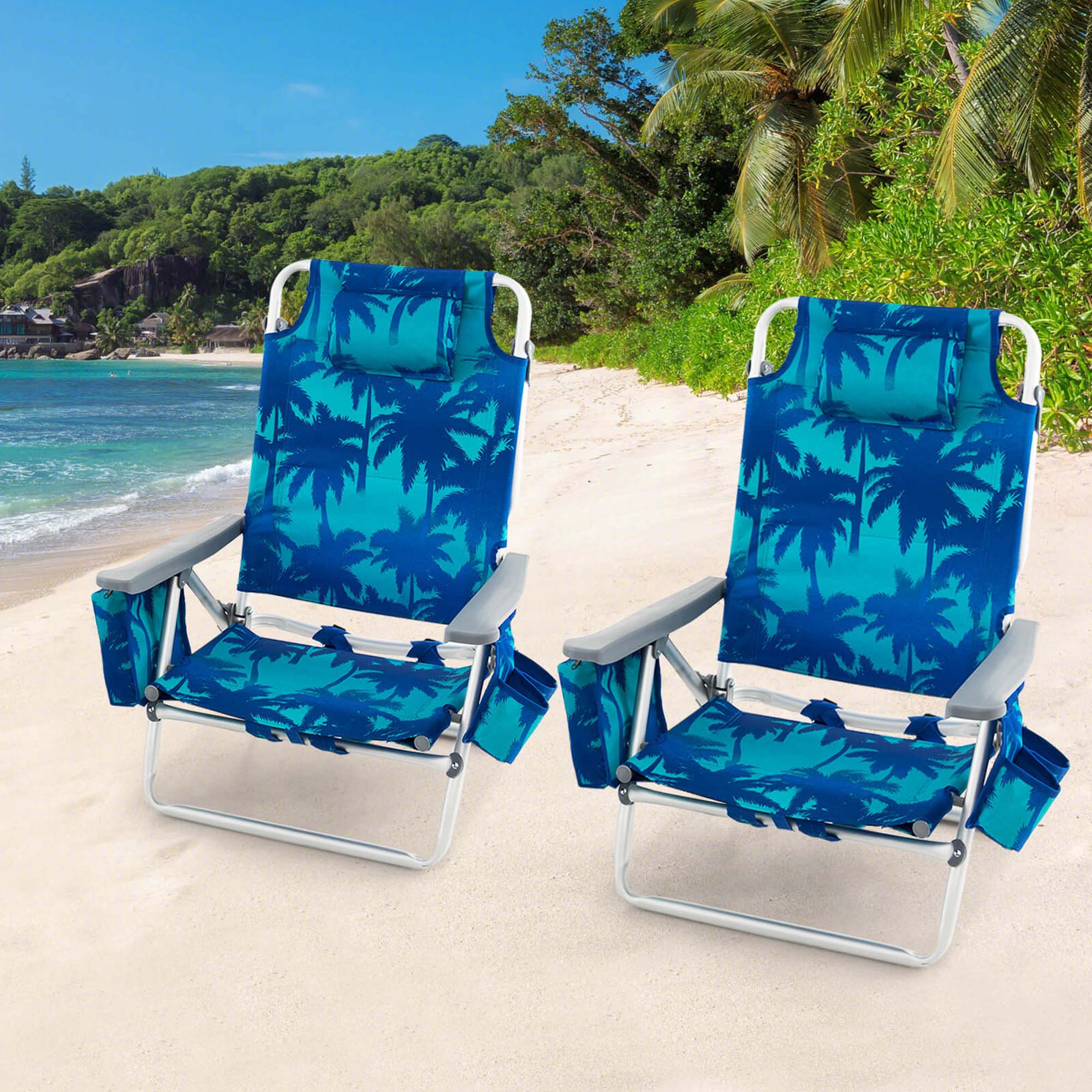 Alt View 1. Costway - 2-Pack Folding Backpack Beach Chair 5-Position Outdoor Reclining Chairs with Pillow - Dark Blue.