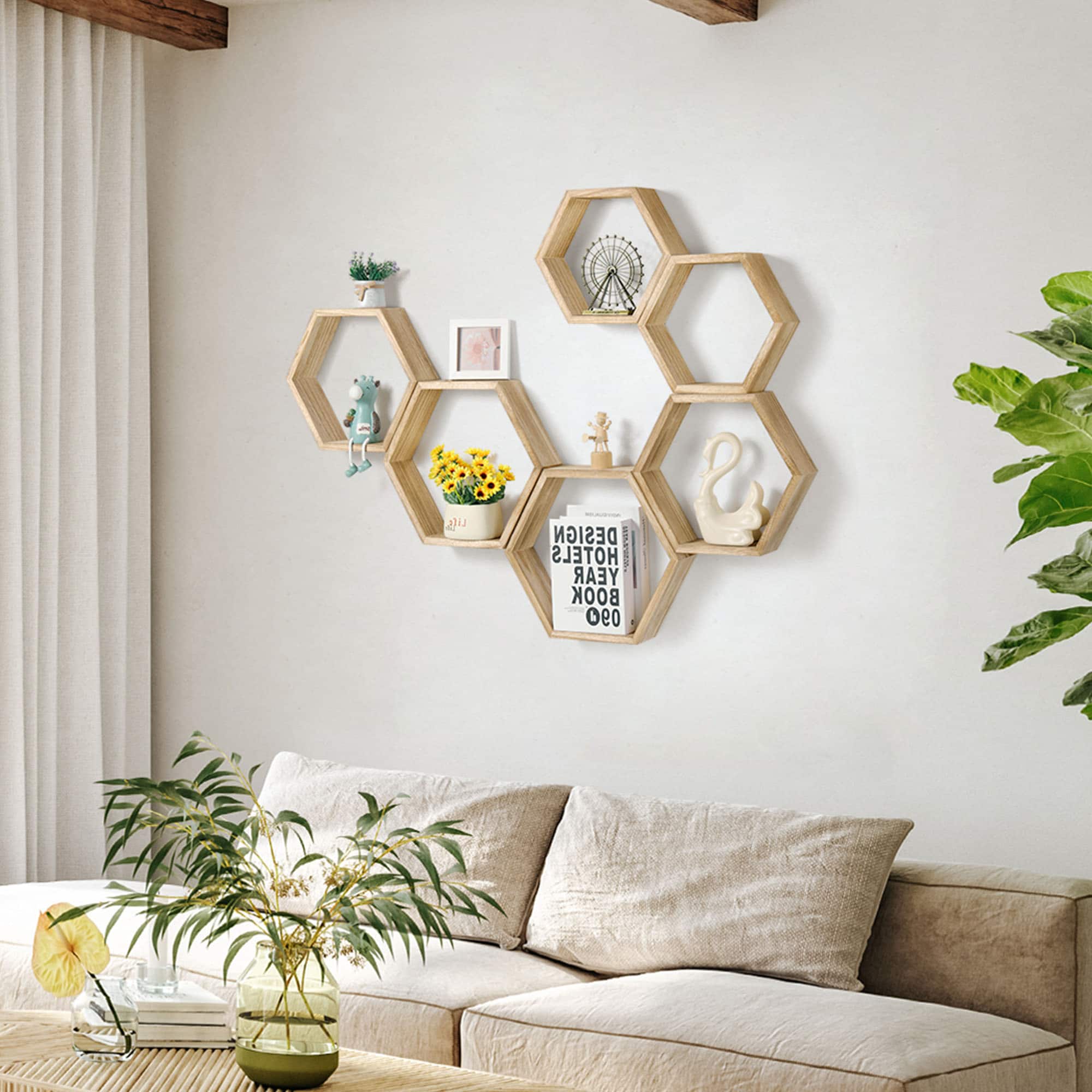 Oumilen - 3-Piece Light Burnt Wood Hexagonal Floating Shelves, Honeycomb Wall Mount Display Shelf Set for Home Decor - Natural price history on PriceWatchPro