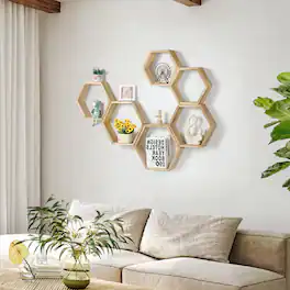 Oumilen - 3-Piece Light Burnt Wood Hexagonal Floating Shelves, Honeycomb Wall Mount Display Shelf Set for Home Decor - Natural