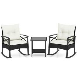 Mondawe - 3 Piece Outdoor Rattan Rocking Chairs Set with 2-Tier Side Table for Garden Backyard - White