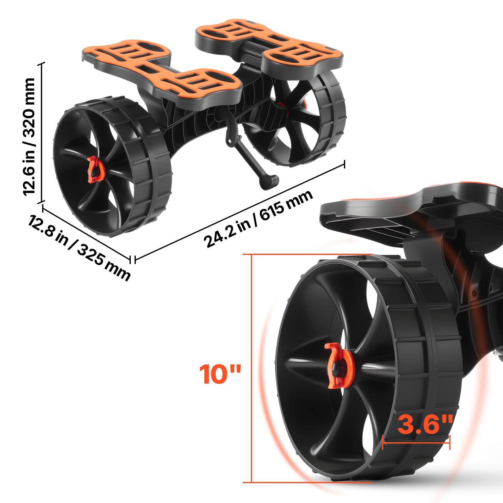 - 12.6 in / 320 mm
- 12.8 in / 325 mm
- 24.2 in / 615 mm
- 10"
- 3.6"