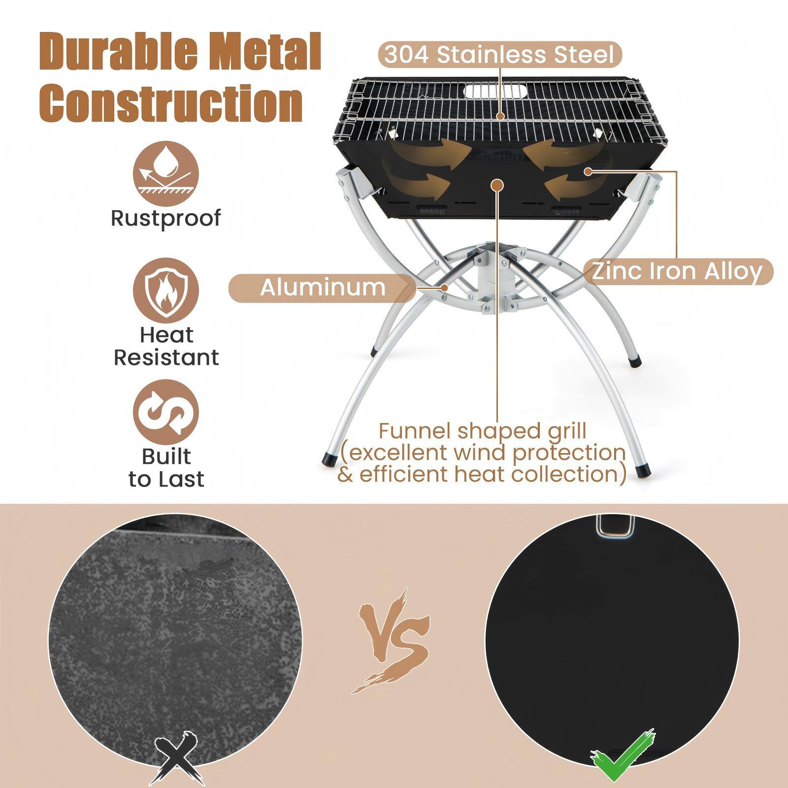 Durable Metal Construction

- Rustproof
- Heat Resistant
- Built to Last

304 Stainless Steel

- Aluminum
- Zinc Iron Alloy

Funnel shaped grill (excellent wind protection & efficient heat collection)