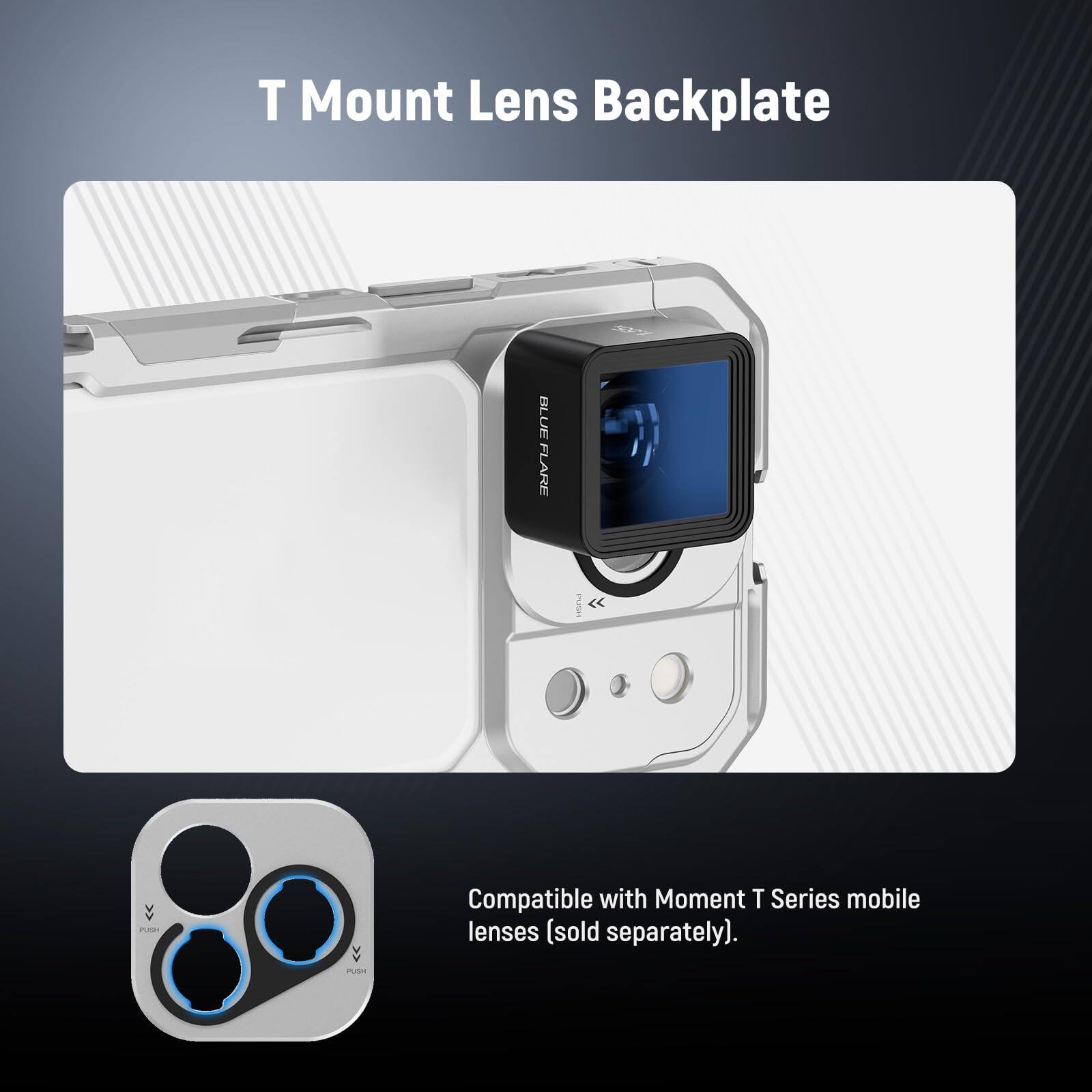 T Mount Lens Backplate BLUE FLARE Compatible with Moment T Series mobile lenses (sold separately).