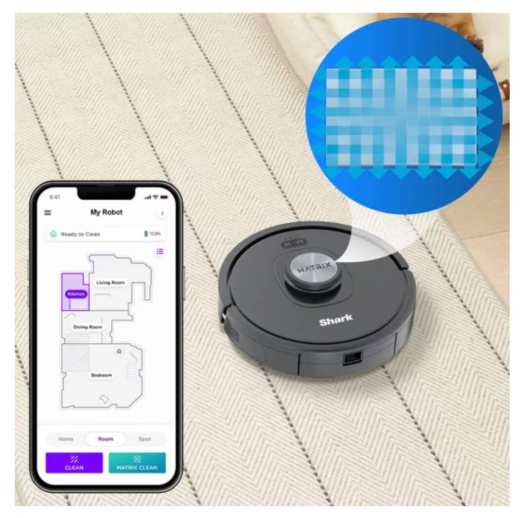 9:41 My Robot Ready to Clean  
100% Living Room  
MATRIX Kitchen Dining Room Shark Bedroom Home Room Spot  
1/ CLEAN MATRIX CLEAN