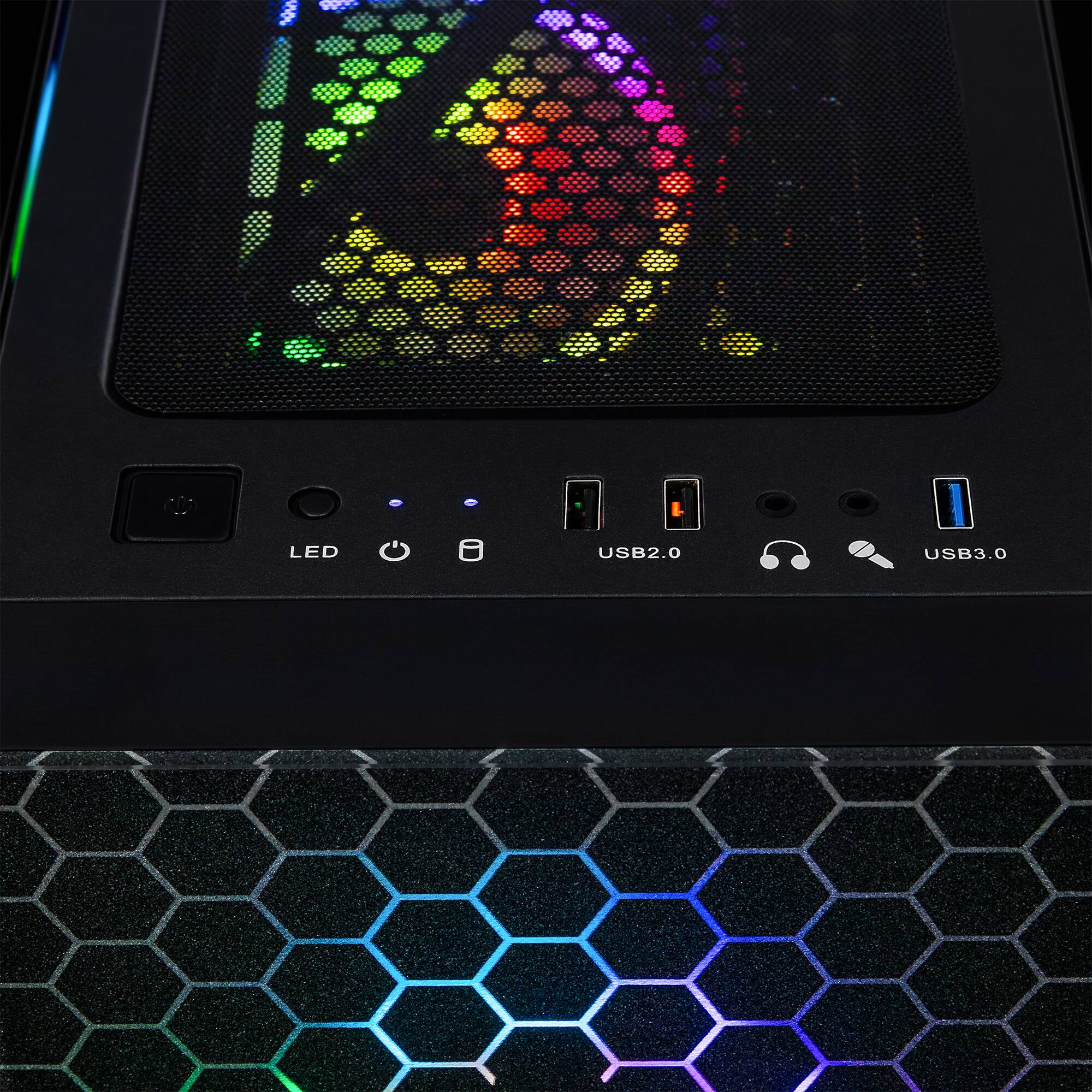 The text on the image reads "LED USB2.0 USB3.0." This suggests that the computer case features LED lighting and supports both USB 2.0 and USB 3.0 ports.