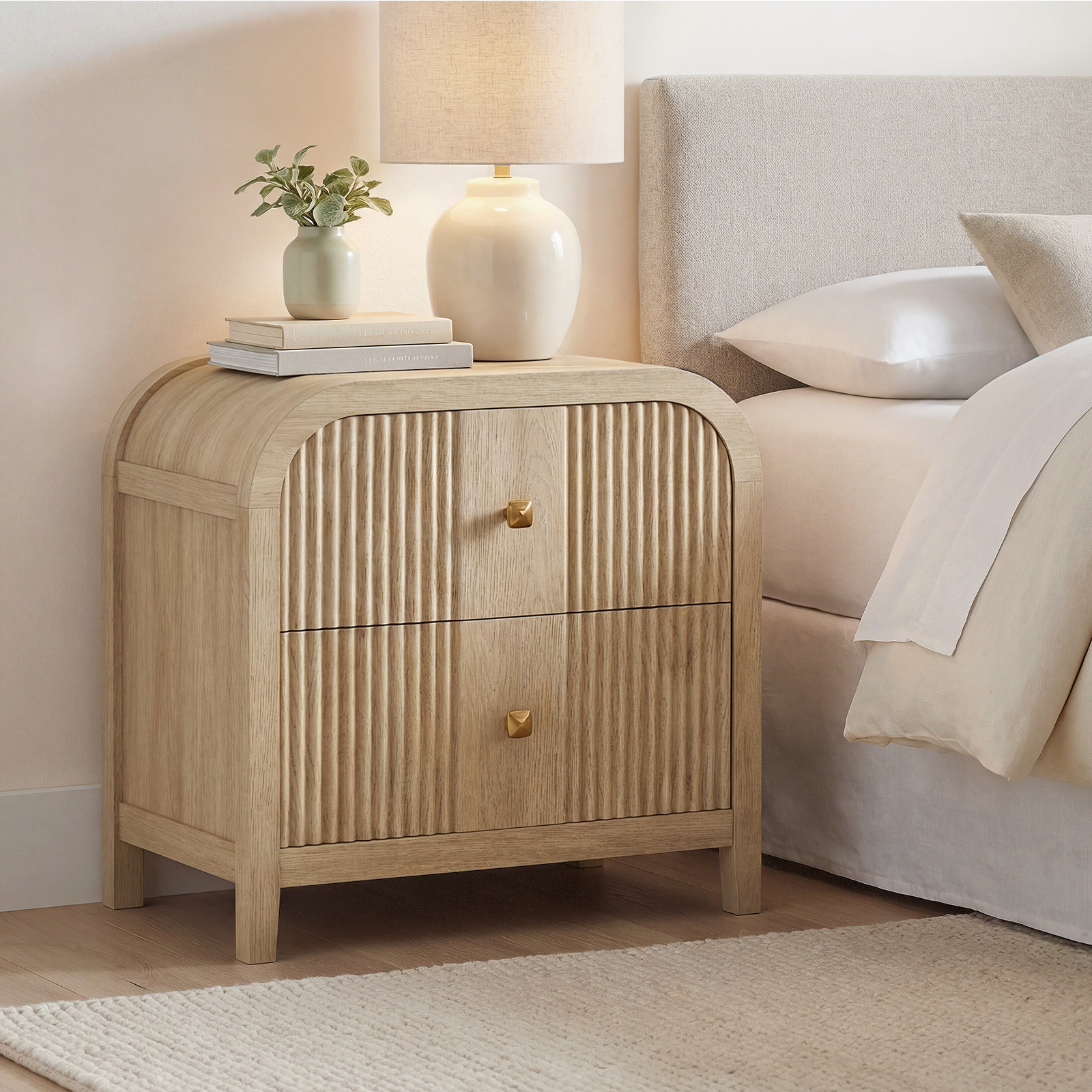 Front. ModernMate - Nightstand with 2 Drawers Fluted Modern Wood 24" Nightstand End Table for Bedroom Living Room - Natural Oak.