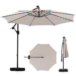 Costway - 10 FT Solar Offset Hanging Umbrella with 96 Solar Multi-colored Flowing LED Lights - Beige