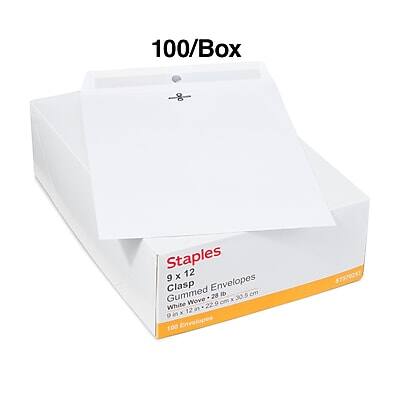 100/Box  
8 Staples 9 x 12 Clasp Envelopes Gummed 28 di 30.5 cm Wove White in 22.9 x 12 9 in 100 Envelopes  
51170231