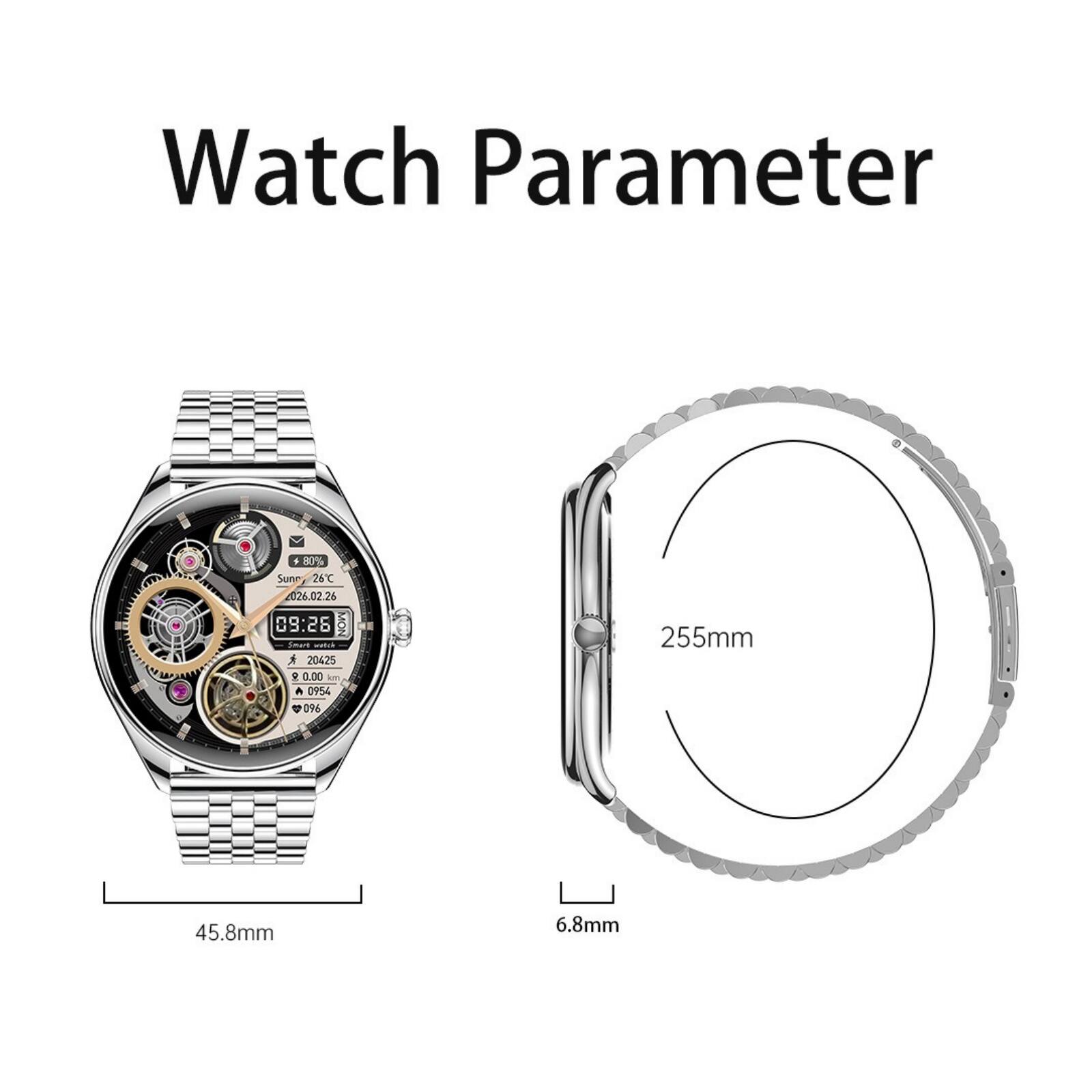 Watch Parameter

- 255mm
- 45.8mm
- 6.8mm

- 09:26
- 026.02.26
- 20425
- 0954
- 096
- 255mm
- 45.8mm
- 6.8mm

- 80% Sun
- 26°C
- MON
- 20425
- 0.00 am
- 0954
- 096