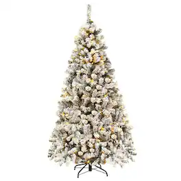 WELLFOR - 6 ft Artificial Christmas Tree, Snow‑Flocked Hinged Xmas Tree with 600 PVC Branch Tips,250 Warm‑White LED Lights - White & Green