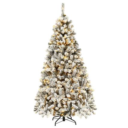 Front. WELLFOR - 6 ft Artificial Christmas Tree, Snow‑Flocked Hinged Xmas Tree with 600 PVC Branch Tips,250 Warm‑White LED Lights - White & Green.