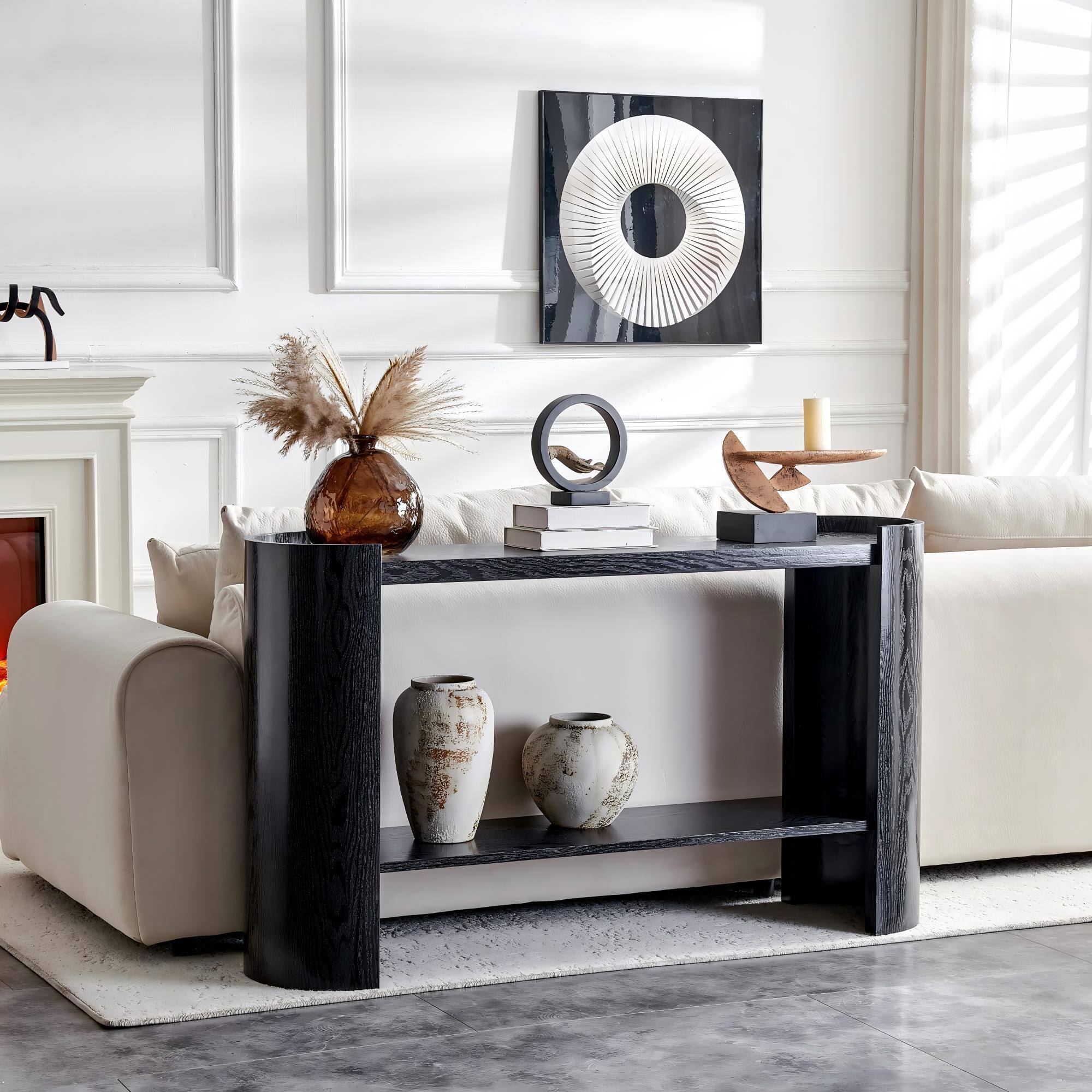 Front. Loheer - Loheer- Black Wood Grain Curved Foyer Table 4.43x1.15x2.53 ft Minimalist Sofa Side Console for Small Space Living Room - Black.