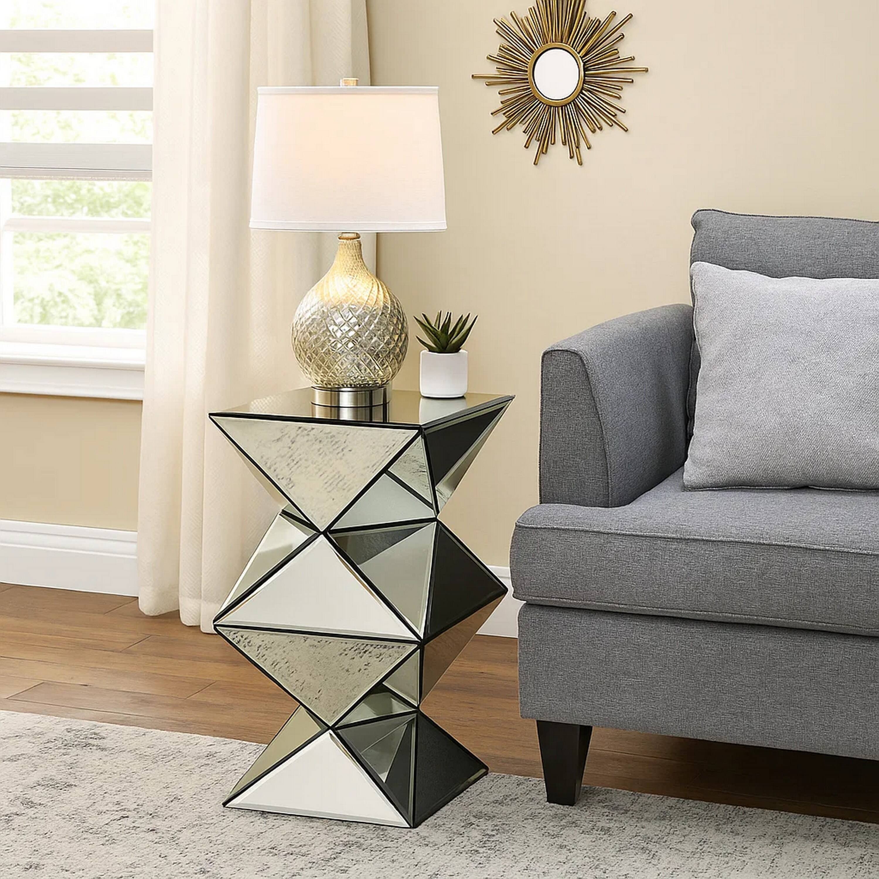 Alt View 6. Manhattan Lane - 20 Inch Modern End Table, Square Mirror Top, Silver Geometric Pedestal Base - Silver.