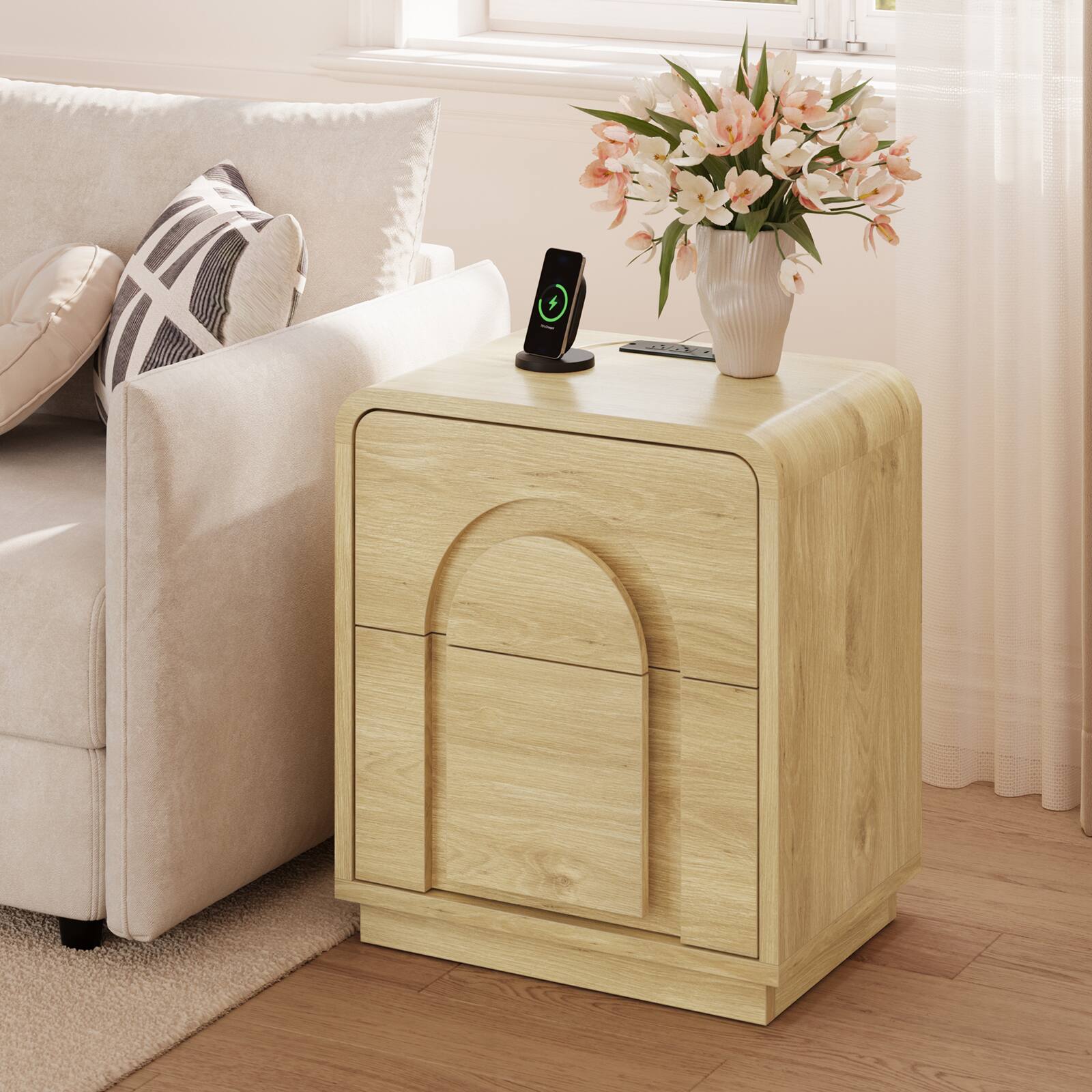 Left. Bestier - Nightstand with 2 Drawers, Charging Station & Arched Design, Embossed Bedroom End Table for Bedroom - Set of 2-Natural Oak.