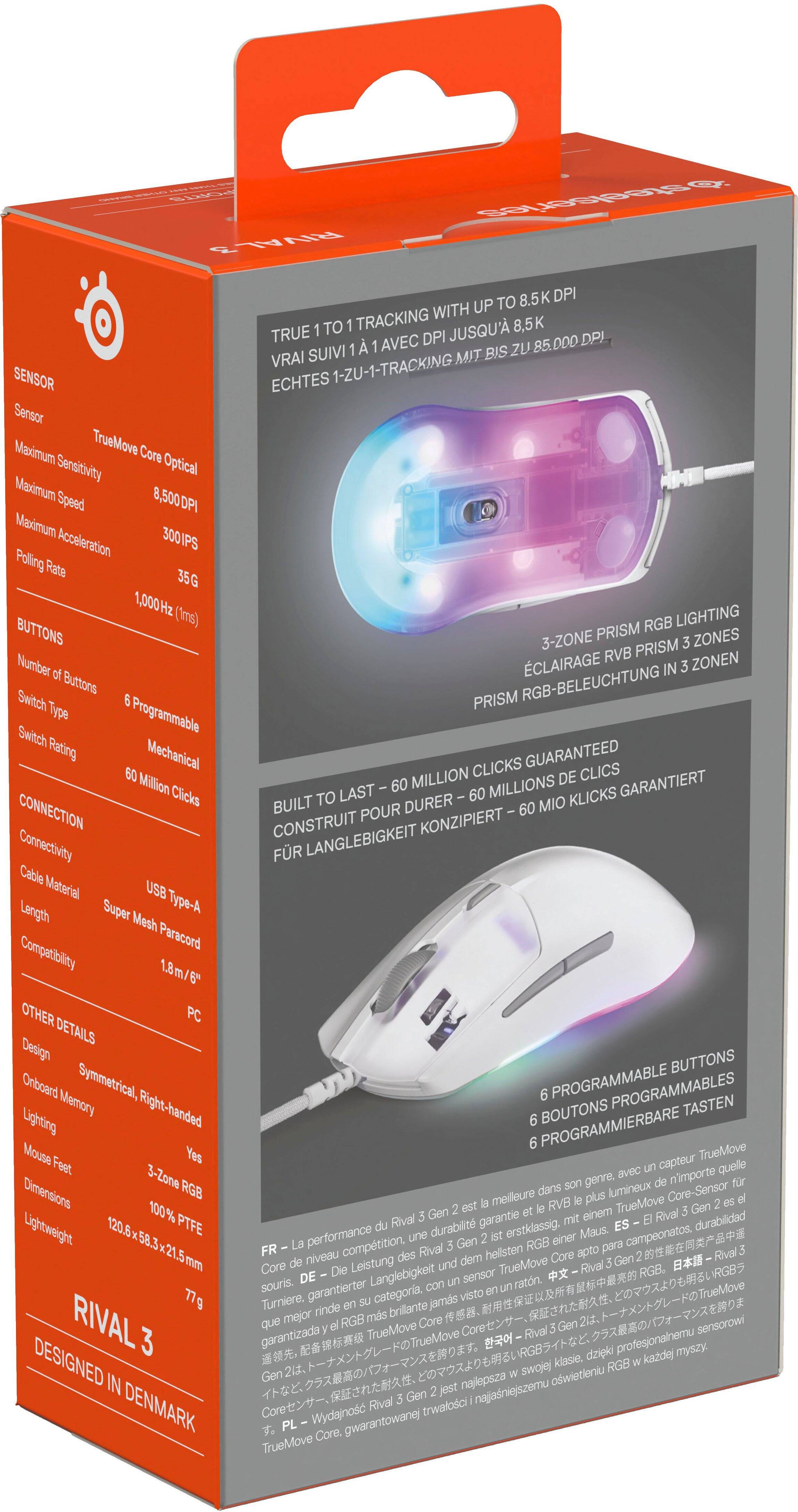 The text on the image is in a foreign language, so it is not possible to group and correct the text. However, I can provide a summary of the information displayed on the box. The box contains a mouse with a 3-zone RGB lighting system, a USB cable, and a programmable button. The mouse has a maximum DPI of 8,500 and a maximum speed of 300 IPS. It also features a 35G acceleration and a polling rate of 1,000Hz. The mouse is designed for right-handed users and has a symmetrical design. The box is designed in Denmark and is guaranteed to last for millions of clicks.