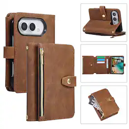 Dteck - Flip Wallet Case for Apple iPhone Duo PU Leather Protective Cover with Zipper Pocket Wrist Strap Kickstand - Brown