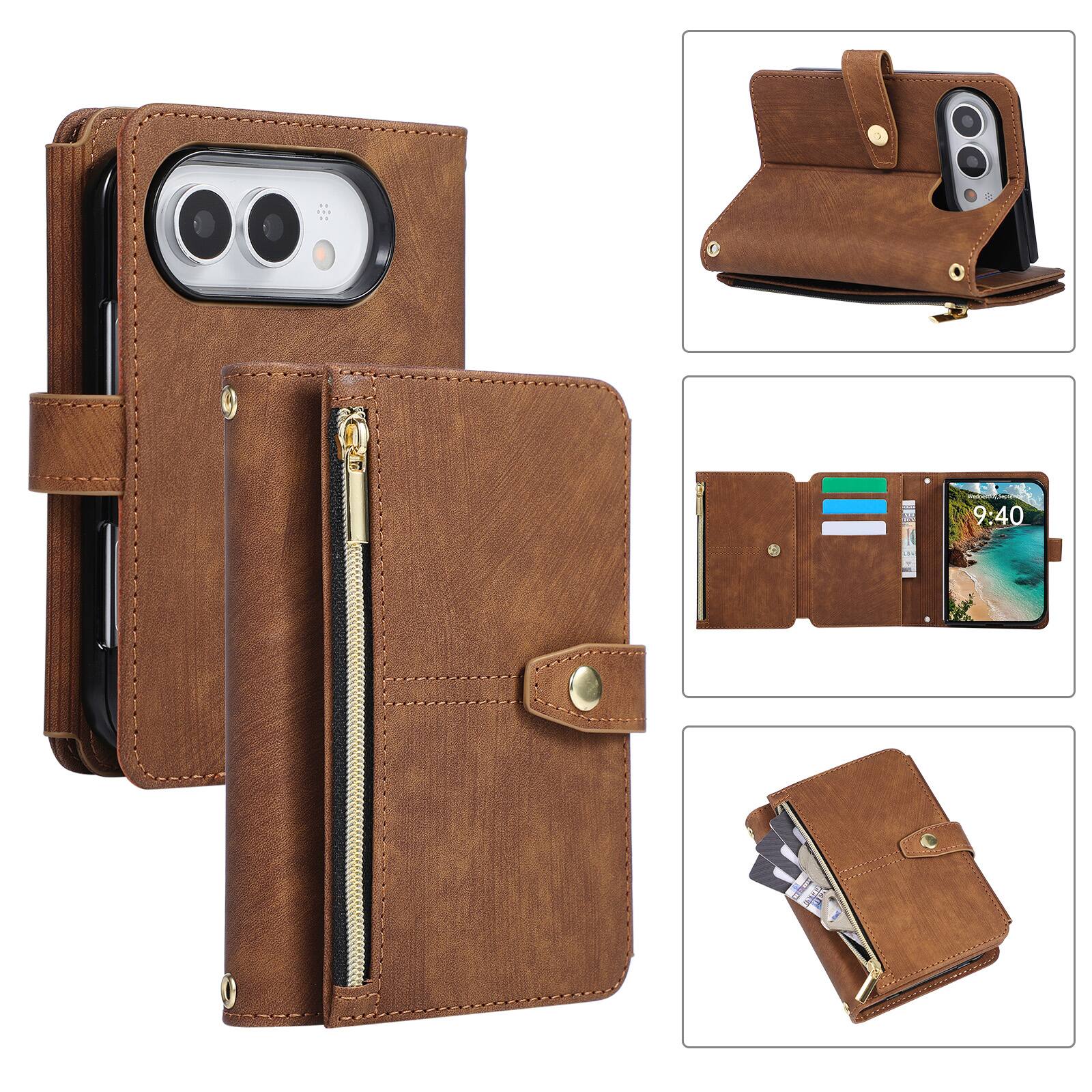 Front. Dteck - Flip Wallet Case for Apple iPhone Duo PU Leather Protective Cover with Zipper Pocket Wrist Strap Kickstand - Brown.