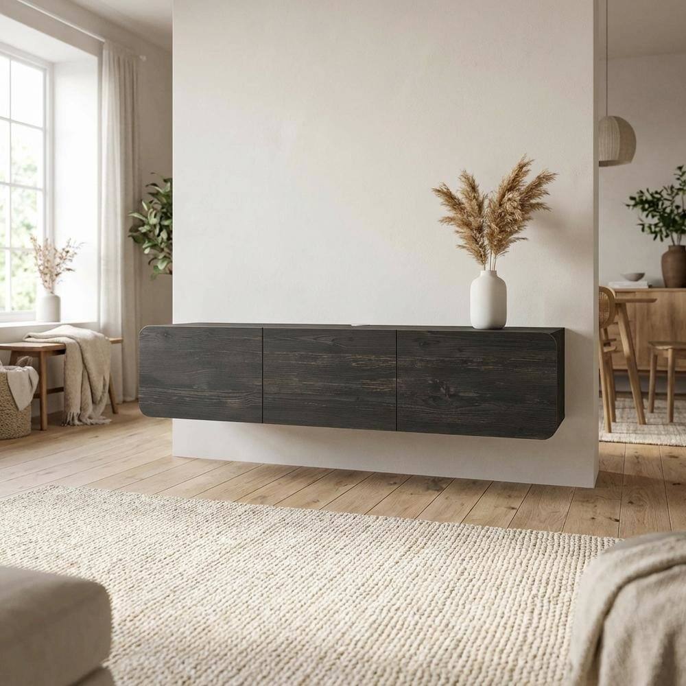 Alt View 2. FurniFact - Black floating TV stand, 80 inch flat screens, modern design, durable wood - Black.