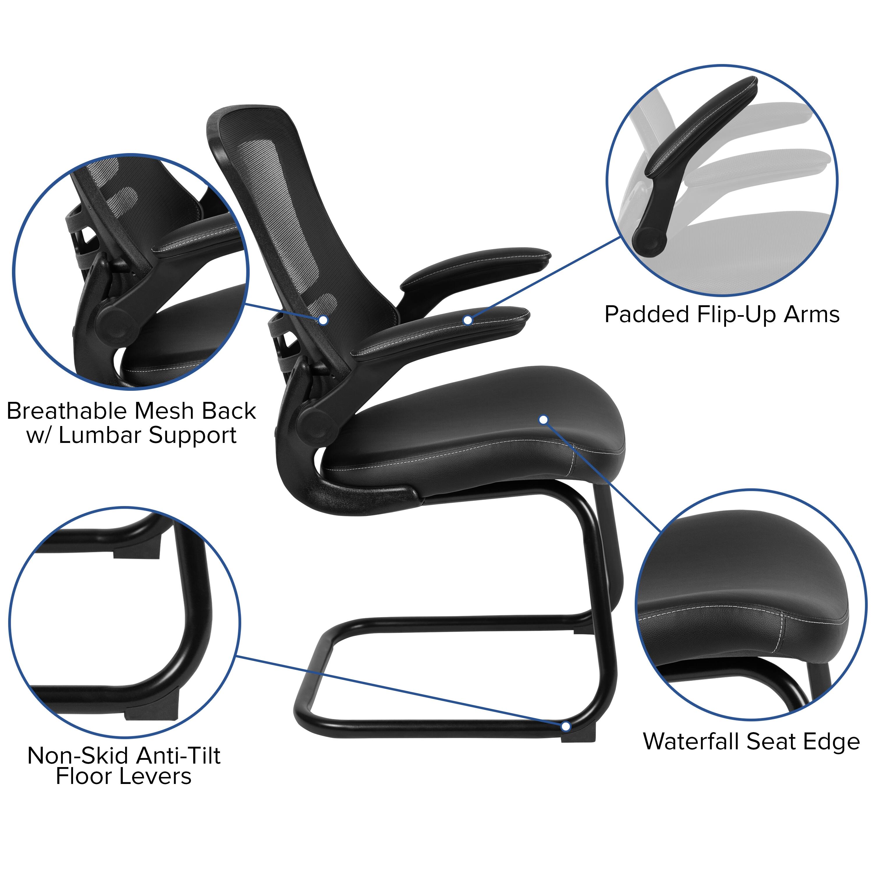 Padded Flip-Up Arms  
Breathable Mesh Back w/ Lumbar Support  
Non-Skid Anti-Tilt Floor Levers  
Waterfall Seat Edge