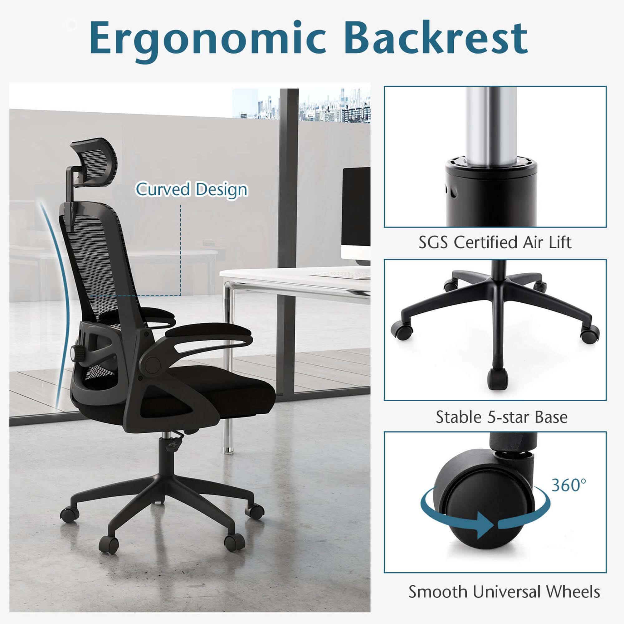 Ergonomic Backrest: Curved Design, SGS Certified Air Lift, Stable 5-star Base, 360 Smooth Universal Wheels.