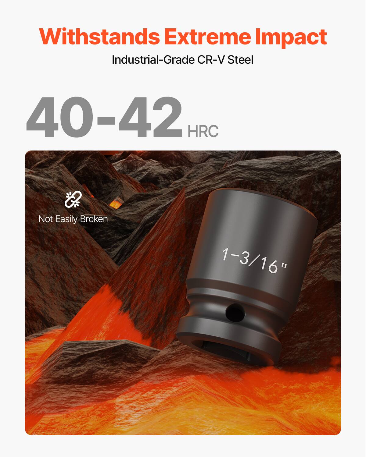 Withstands Extreme Impact
Industrial-Grade CR-V Steel
40-42 HRC
Not Easily Broken
1-3/16"