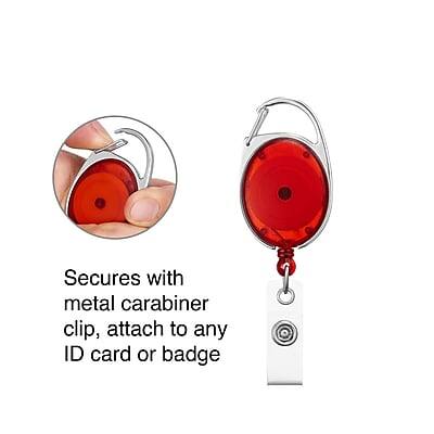 Secures with metal carabiner clip, attach to any ID card or badge