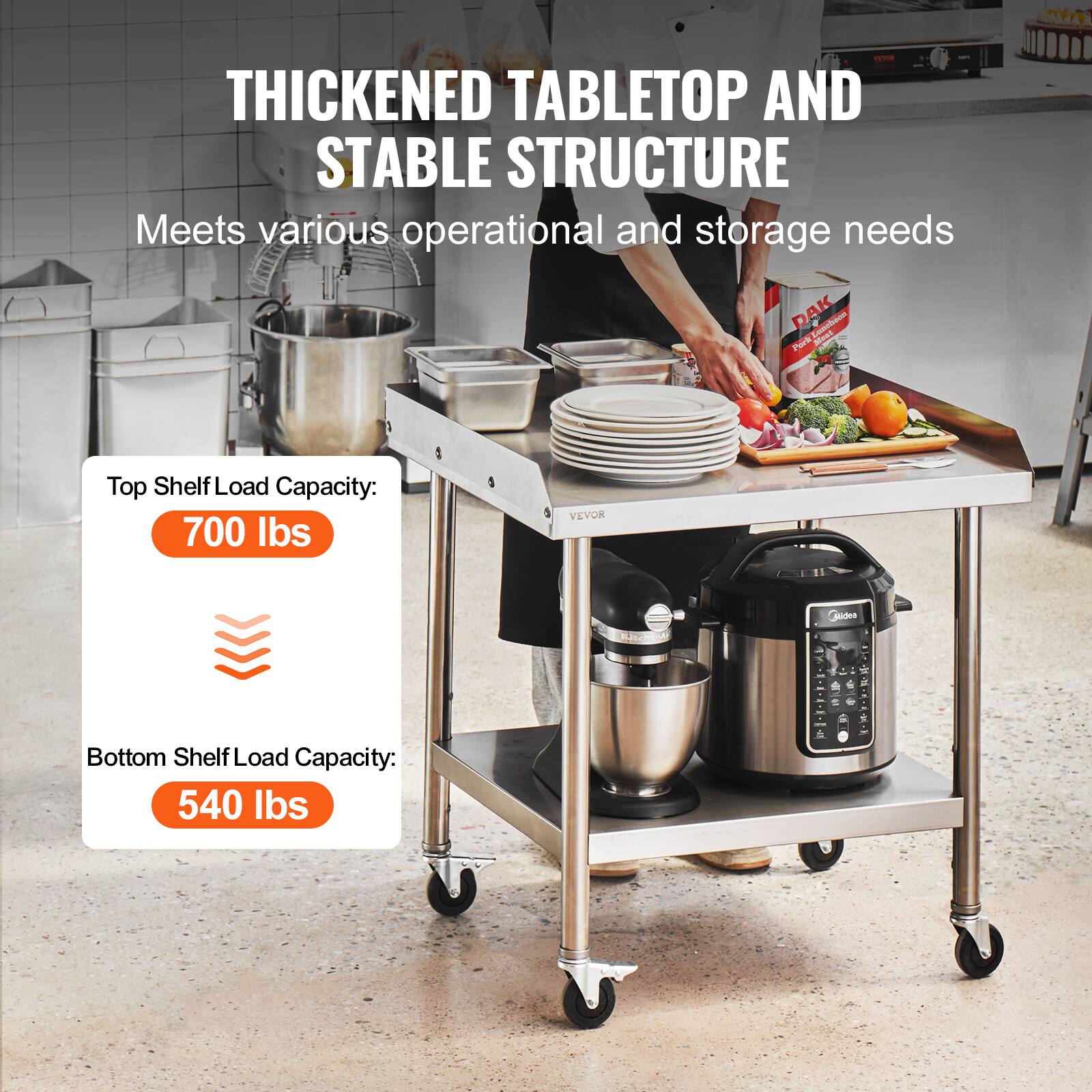- THICKENED TABLETOP AND STABLE STRUCTURE
- Meets various operational and storage needs
- Top Shelf Load Capacity: 700 lbs
- Bottom Shelf Load Capacity: 540 lbs