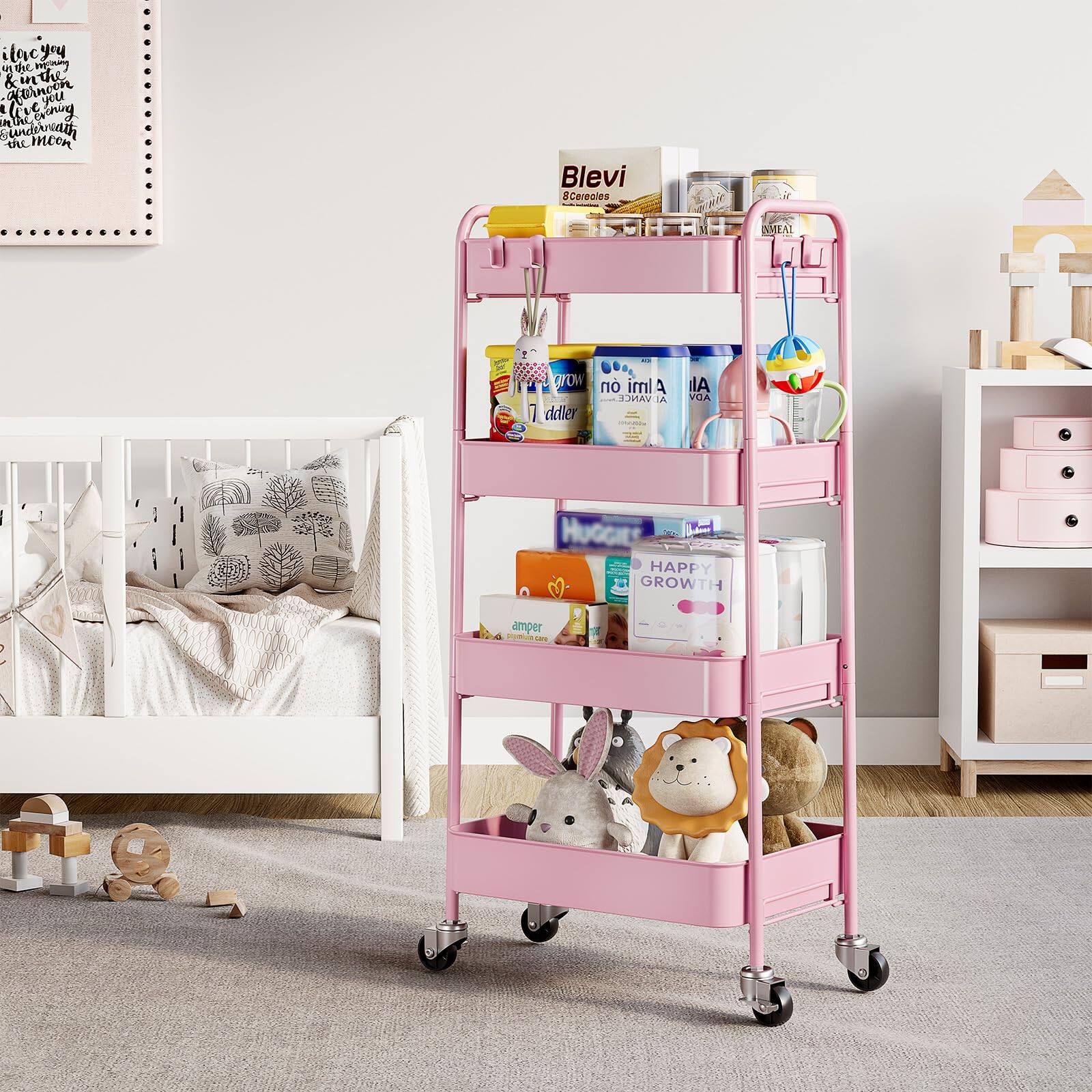 Sure, here is the corrected and grouped text from the image:

---

**Top Shelf:**
- Blevi
- Cererios

**Second Shelf:**
- no imi A
- VEGA
- Happy Growth

**Third Shelf:**
- amper
- Happy Growth

**Fourth Shelf:**
- (Various toys and items)

**Crib:**
- (Blanket with tree designs)

**Wall Art:**
- "I love you
  because you are you
  and I love you
  because you are wonderful
  and I love you
  because you are the moon"

**Other Items:**
- (Various baby products and toys)

---