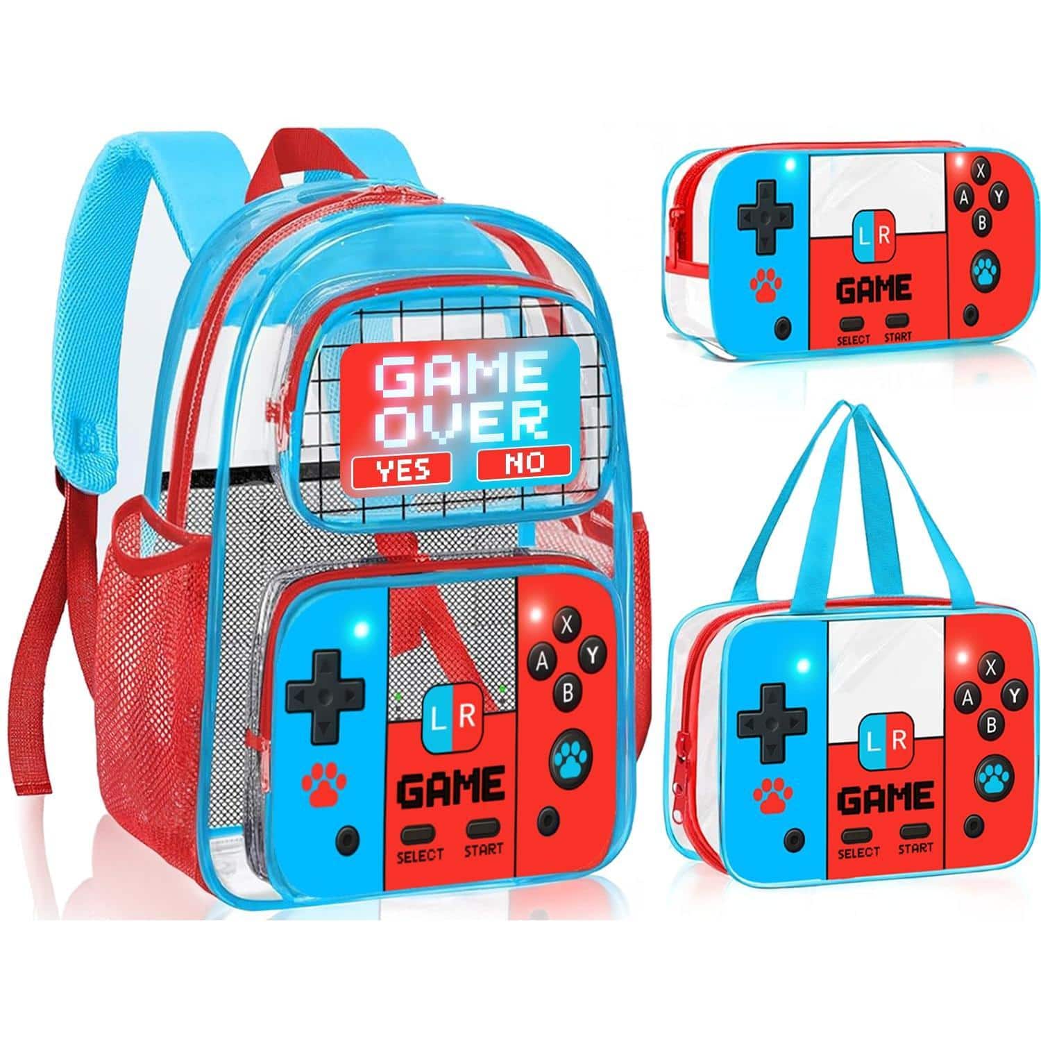 Pacoar Cade - 3pcs Clear Backpack For School Gamer Backpacks And Heavy Duty Transparent Bookbag With Lunch Bag Pencil Case See - Blue-Game over