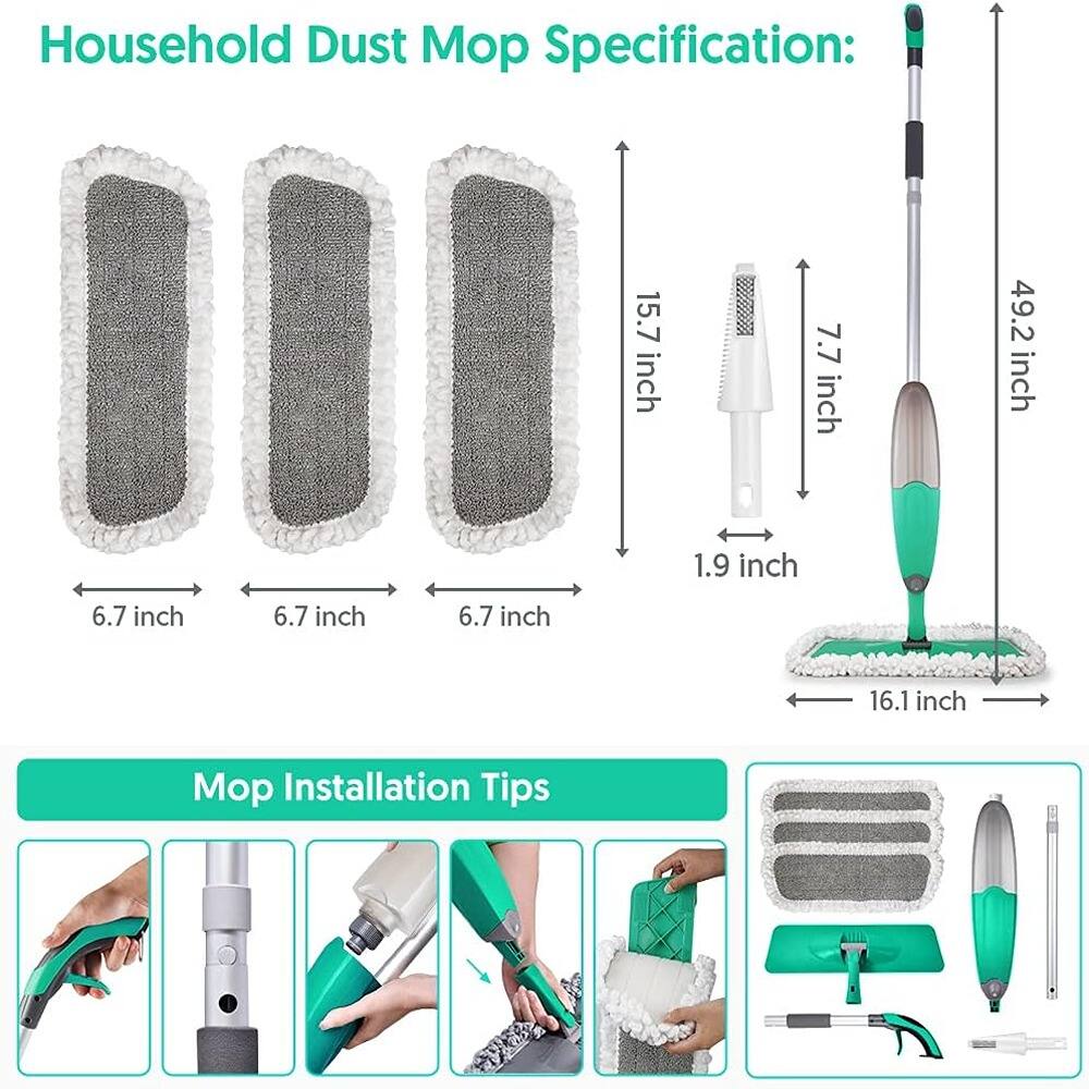 Household Dust Mop Specification:

- 15.7 inch
- 7.7 inch
- 49.2 inch
- 1.9 inch
- 6.7 inch
- 6.7 inch
- 6.7 inch
- 16.1 inch

Mop Installation Tips