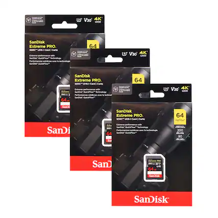 - V30 4K UHD SanDisk Extreme PRO. SDXC UHS-I Card | Carte
- Extreme performance with SanDisk QuickFlow™ Technology
- Performances extrêmes avec la technologie SanDisk QuickFlow™
- 64 GB/Go
- 200 MB/s
- 90
- SanDisk Extreme PRO. SDXC UHS-I Card | Carte
- Extreme performance with SanDisk QuickFlow™ Technology
- Performances extrêmes avec la technologie SanDisk QuickFlow™
- 64 GB/Go
- 200 MB/s
- 90