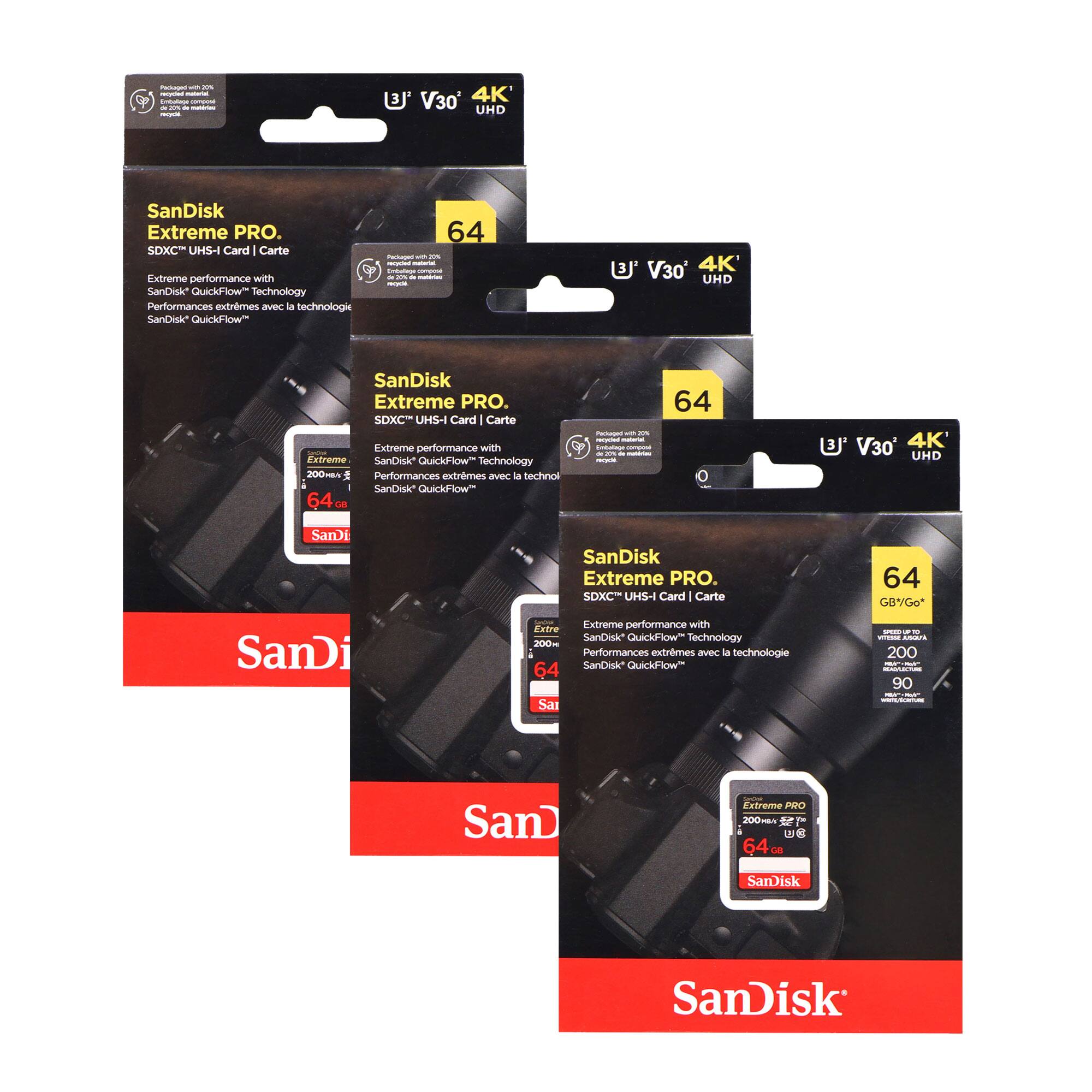 - V30 4K UHD SanDisk Extreme PRO. SDXC UHS-I Card | Carte
- Extreme performance with SanDisk QuickFlow™ Technology
- Performances extrêmes avec la technologie SanDisk QuickFlow™
- 64 GB/Go
- 200 MB/s
- 90
- SanDisk Extreme PRO. SDXC UHS-I Card | Carte
- Extreme performance with SanDisk QuickFlow™ Technology
- Performances extrêmes avec la technologie SanDisk QuickFlow™
- 64 GB/Go
- 200 MB/s
- 90