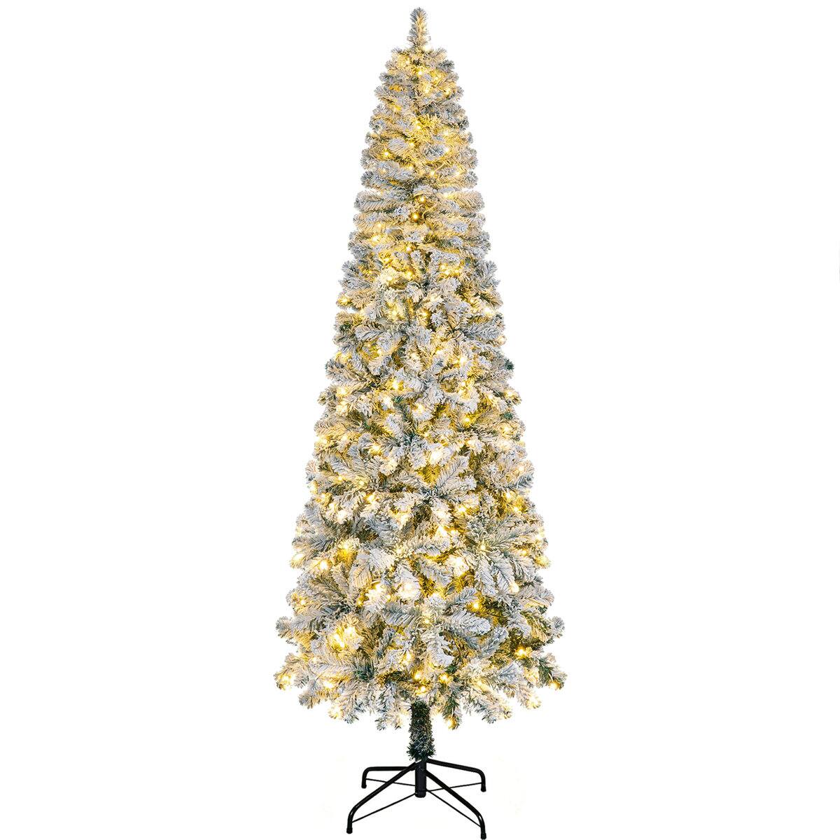 Alt View 3. Wisairt - 9FT Pre-Lit Flocked Pencil Christmas Tree, 976 Tips, 500 LED 11 Modes - Green.