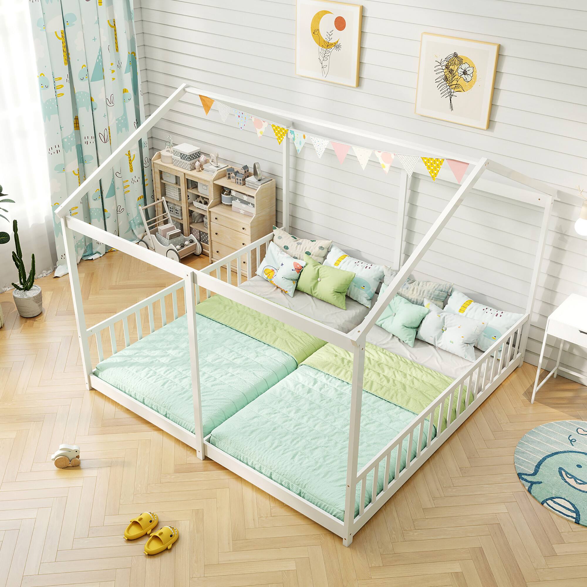 Alt View 4. Gymax - Gymax Double Floor Bed w/ Safety Guardrails No Box Spring Needed for Teens Boys Girls White - White.