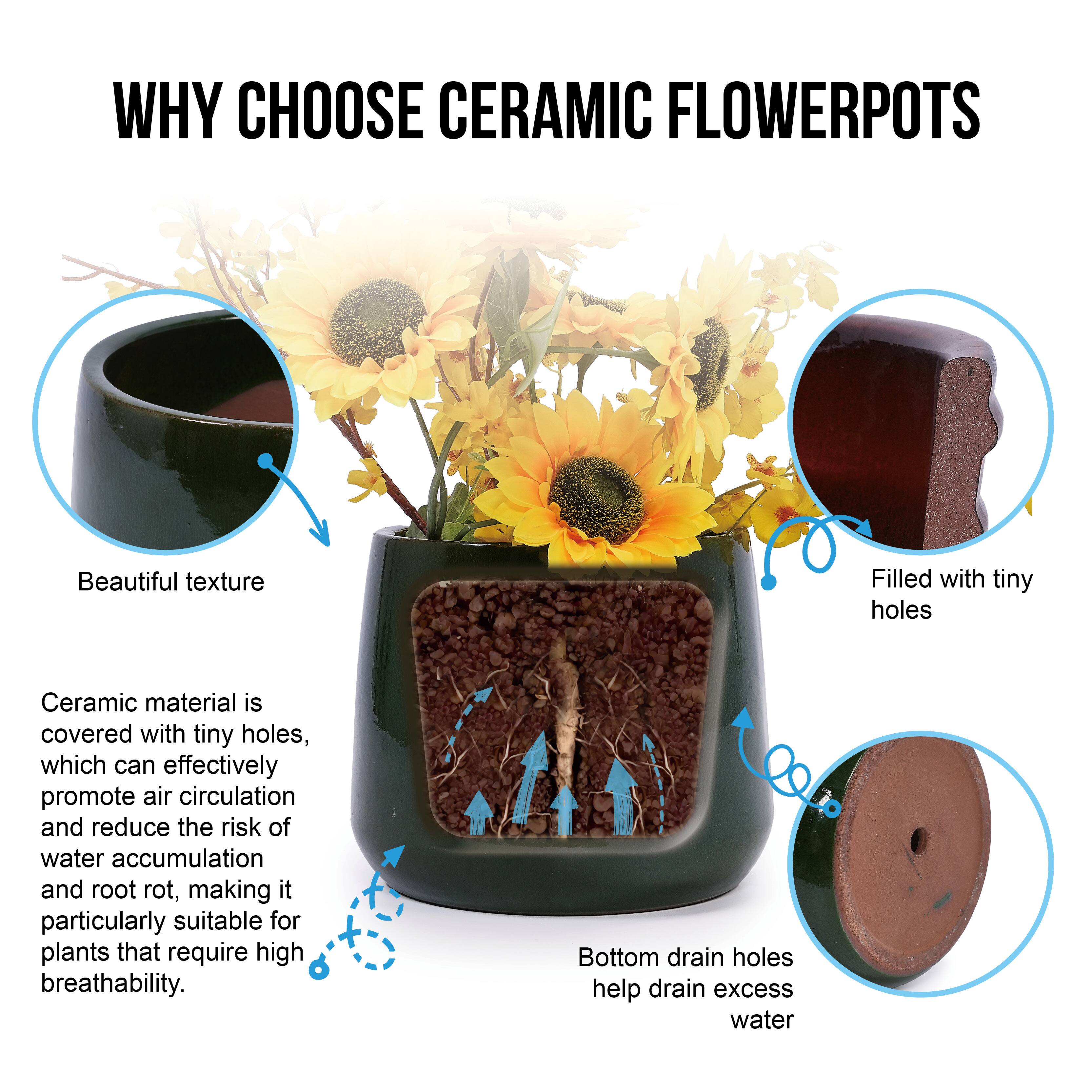WHY CHOOSE CERAMIC FLOWER POTS

Beautiful texture

Ceramic material is covered with tiny holes, which can effectively promote air circulation and reduce the risk of water accumulation and root rot, making it particularly suitable for plants that require high breathability.

Bottom drain holes help drain excess water