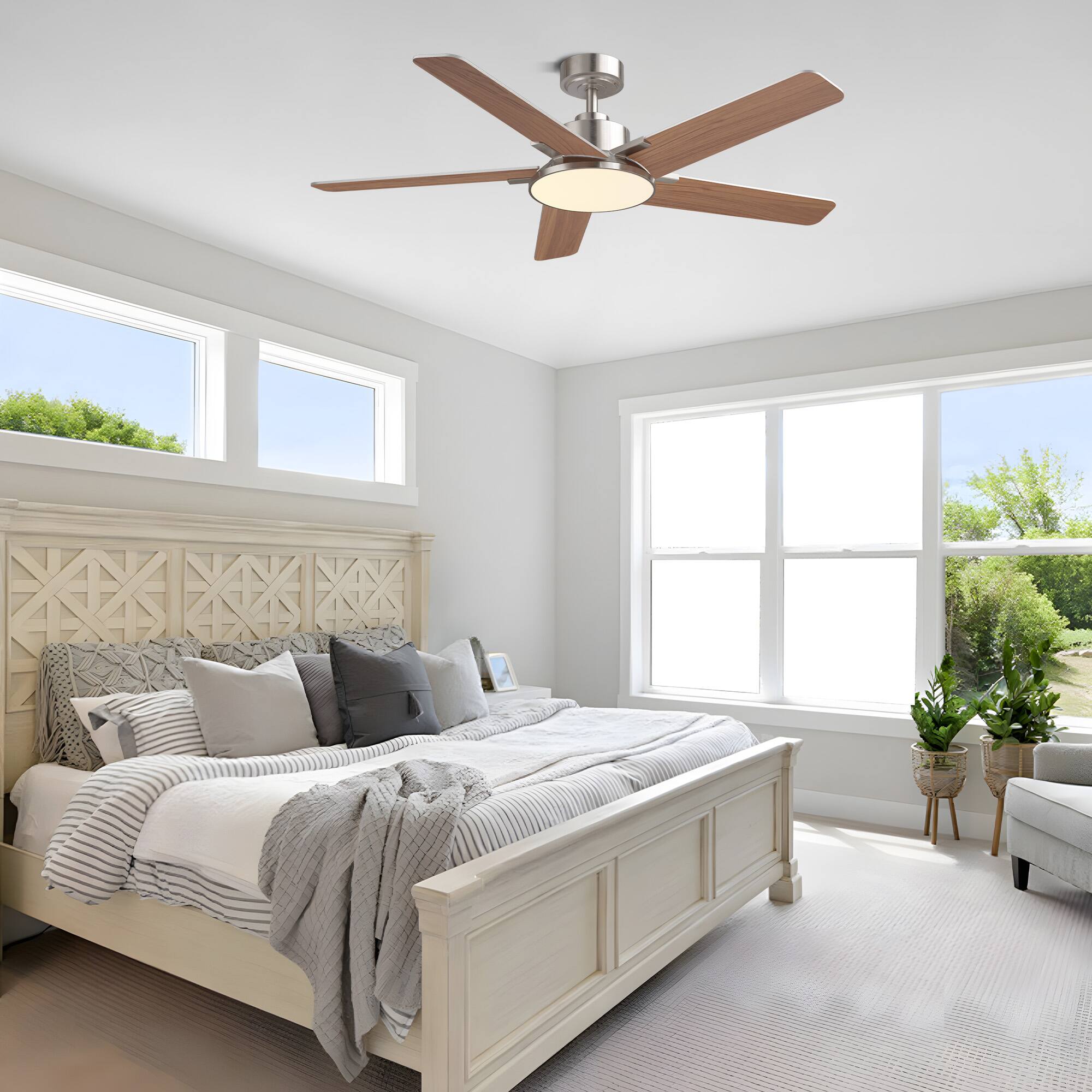 Left. Siljoy - 52-in Nickel Ceiling Fan with LED Light and Remote Control Include (5 Blades) For Bedroom Living Room and kitchen - Nickel.