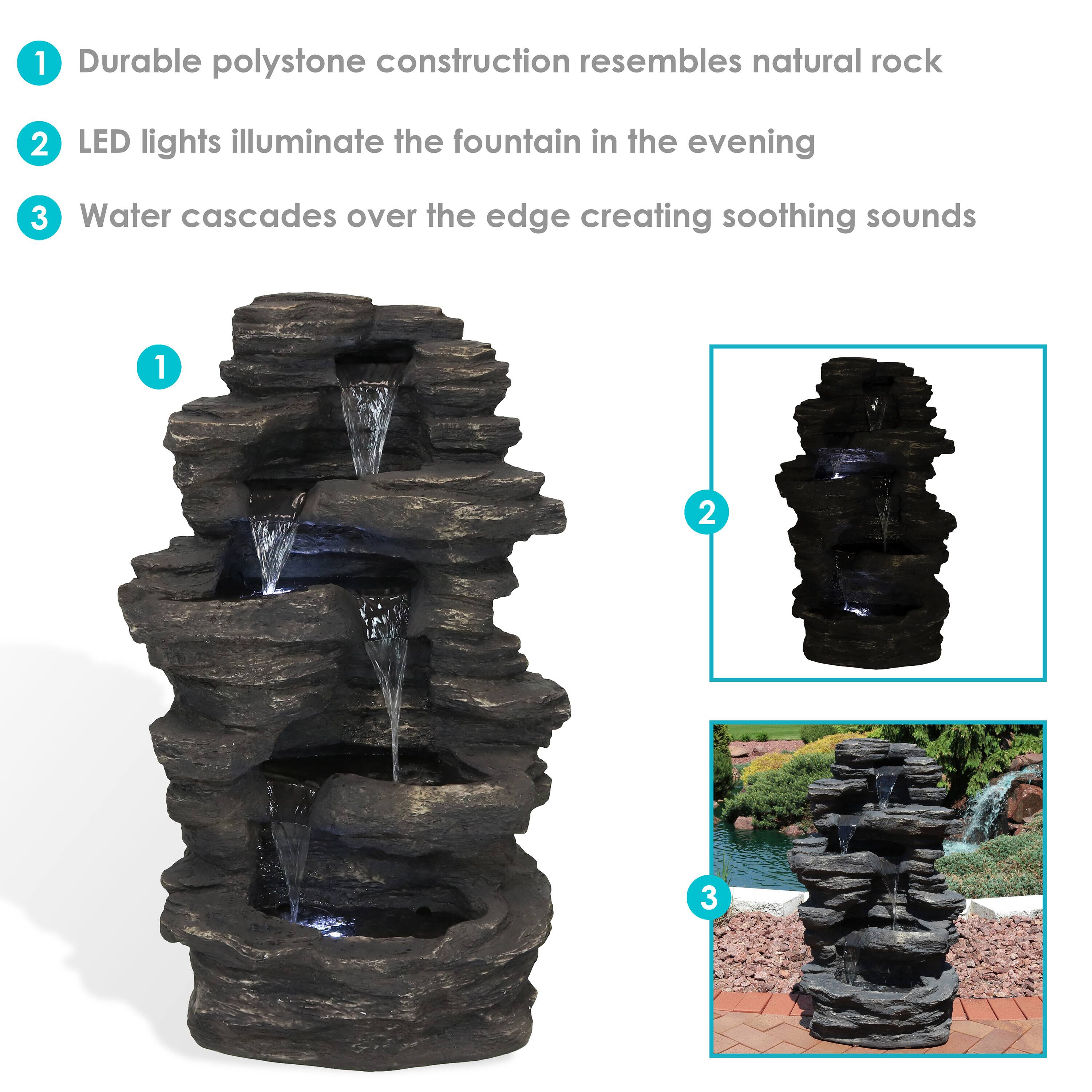 1. Durable polystone construction resembles natural rock
2. LED lights illuminate the fountain in the evening
3. Water cascades over the edge creating soothing sounds