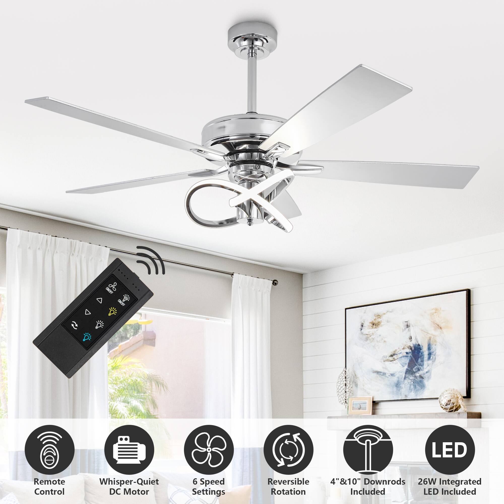 I4 LED Remote Control Whisper-Quiet DC Motor 6 Speed Settings Reversible 4" & 10" Downrods 26W Integrated Rotation Included LED Included