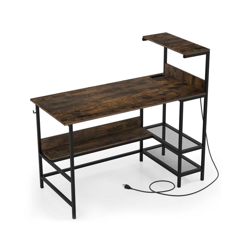 Alt View 5. WELLFOR - 48" Computer Desk with Power Outlets and Storage Shelves, Reversible Home Office Desk Gaming Desk - Rustic Brown.