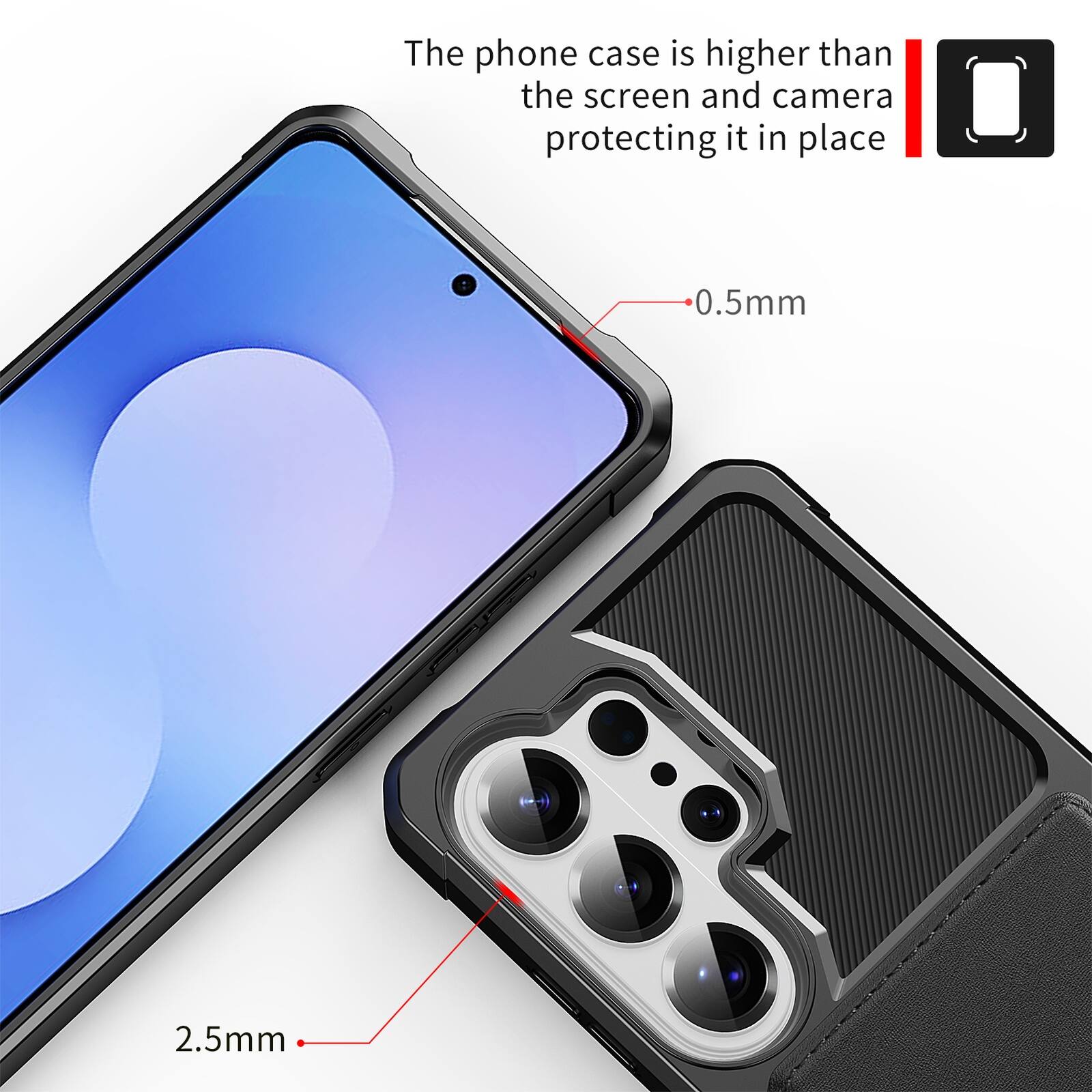 The phone case is higher than the screen and camera protecting it in place.  
0.5mm  
2.5mm