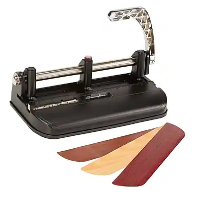 Front. Swingline - Woodgrain Accented Heavy Duty Desktop 3-Hole Punch, 40 Sheet Capacity, Black - Black.